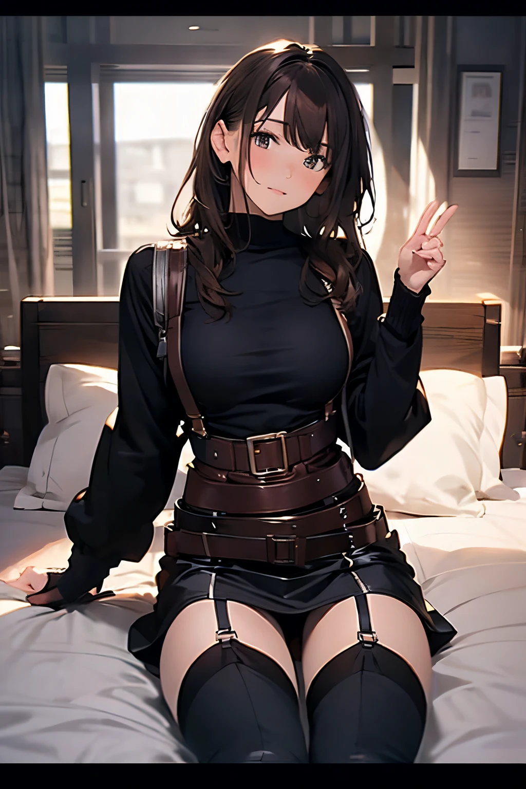 Brown hair、watching at viewers　　　black suspenders　　　Bulging big breasts　　 　 　　　walls: 　Black miniskirt　garters　　　　　　Gaze　　　Small face　bangss 　　　holster　　Belt Armament　Beautuful Women　srestrained　hands up　Lying in bed　Leg holster lying on the bed　　Gaze 　black boots panty shot