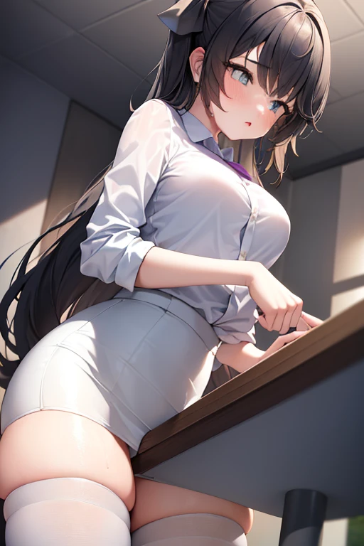 1girl, Table hump, rubbing the perineum, white shirt, pencil skirt, office, white panty, skirt lift, strap, a table, high ground, multiple boys,Liquid, Thought-provoking,, Masterpiece, Best Quality, Highly detailed, (From Bottom:1.1)