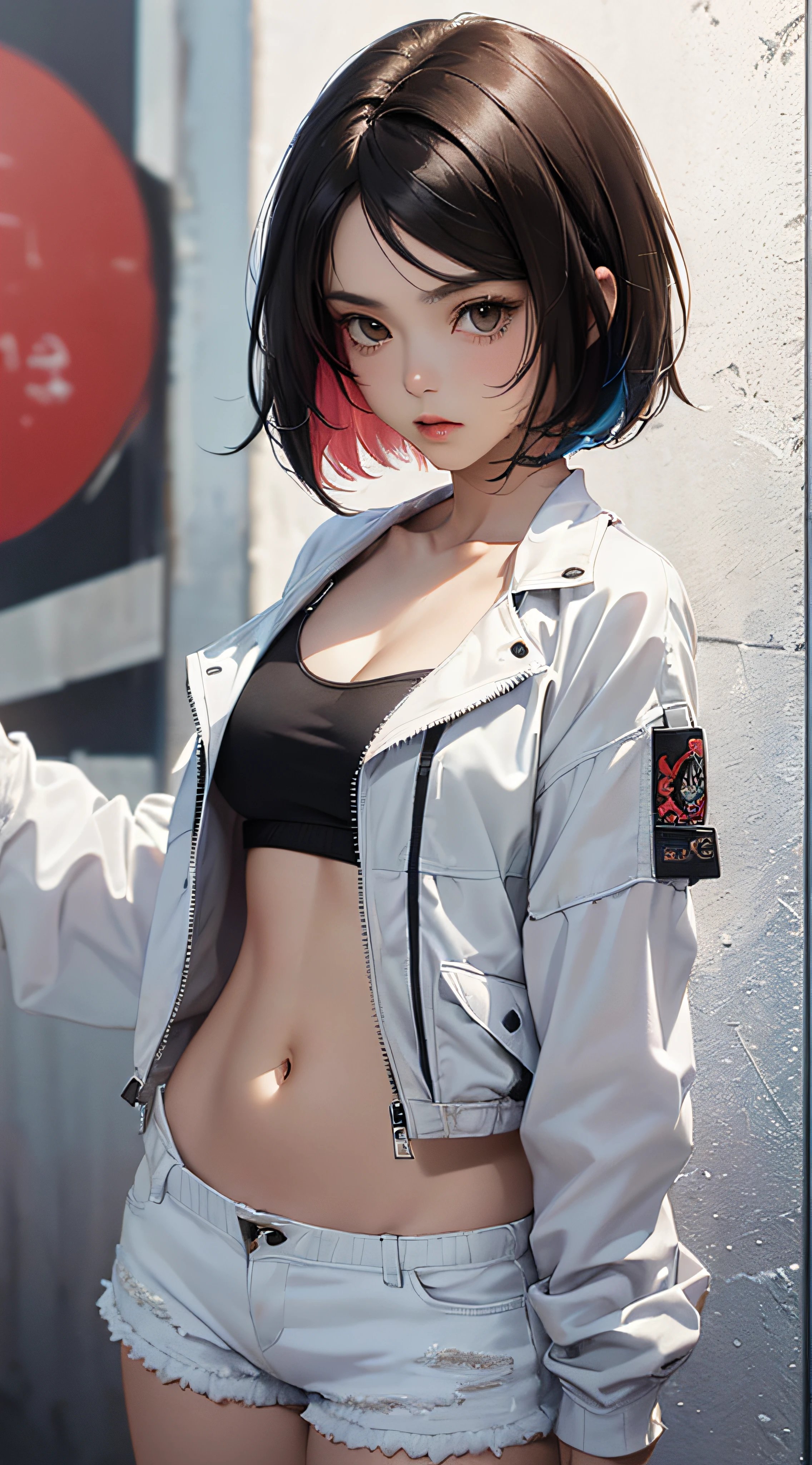 ((8k wallpaper of extremely detailed CG unit, masterpiece, hight resolution, top-quality)), ((Beautiful woman with dark hair, Model-like posture, Street fashion, Wearing a white camisole:1.2, Wearing a jacket:1.2, Wearing micro mini shorts:1.2)), ((extra detailed face, Highly detailed black eyes, extra detailed body, Top quality real texture skins)), (Short Bob Cut Hair, de pele branca:1.2, Exposed belly), (colorfully painted wall), hyper realisitic, digitial painting,