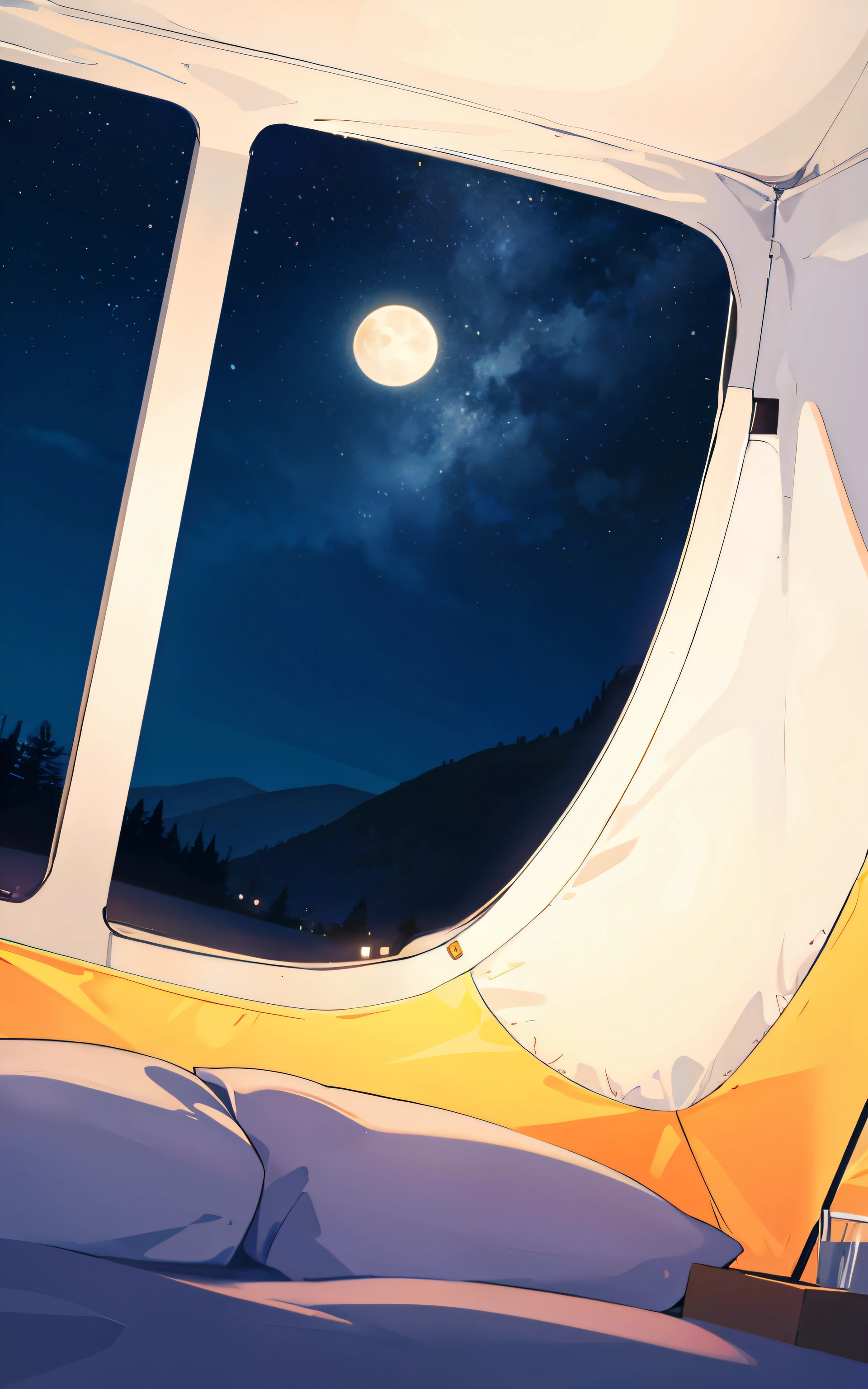 (anime),(cute)(masterpiece), (best quality), (wide cinematic angle), 1camping tent, night time, stary sky, full moon, camp fire, peaceful, warmth