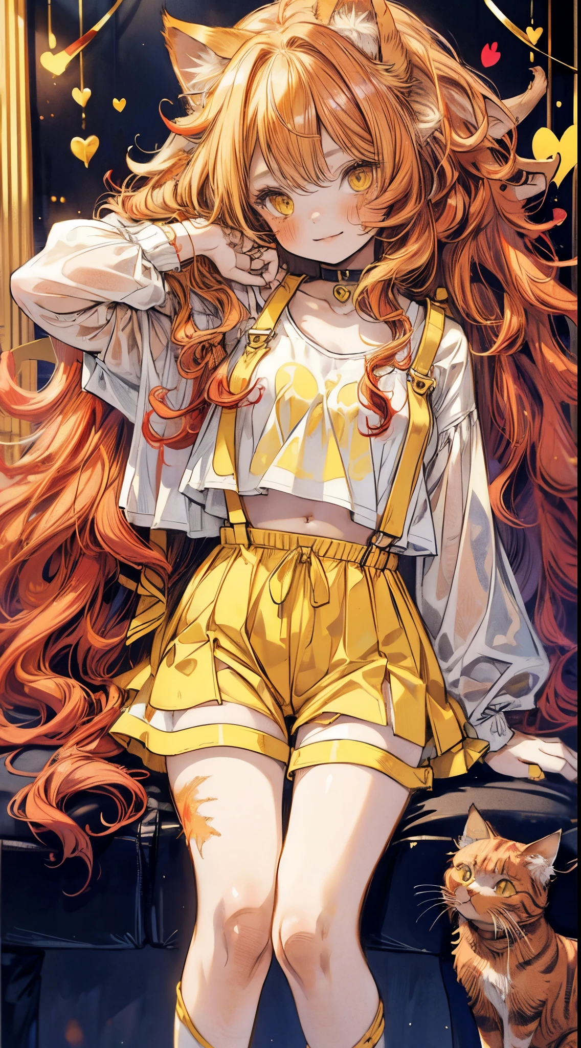 Masterpiece,best quality,insanely detailed,1 cute **** girl ,(***:1.3),smile,(red wavy messy hair,long hair:1.3),(yellow cat eyes ,cat ears:1.3),white t-shirt,suspenders,hot pants,baring navel,stomach,standing by knees,paw pose,living room,(spoken heart:1.2),hyper realistic, perfect anatomy, perfect 5 fingers,amazing,super fine illustration