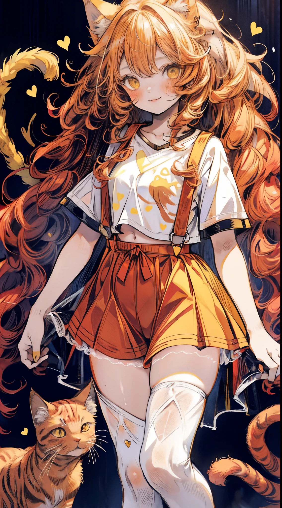 Masterpiece,best quality,insanely detailed,1 cute **** girl ,(***:1.3),smile,(red wavy messy hair,long hair:1.3),(yellow cat eyes ,cat ears:1.3),white t-shirt,suspenders,hot pants,baring navel,stomach,standing by knees,paw pose,living room,(spoken heart:1.2),hyper realistic, perfect anatomy, perfect 5 fingers,amazing,super fine illustration