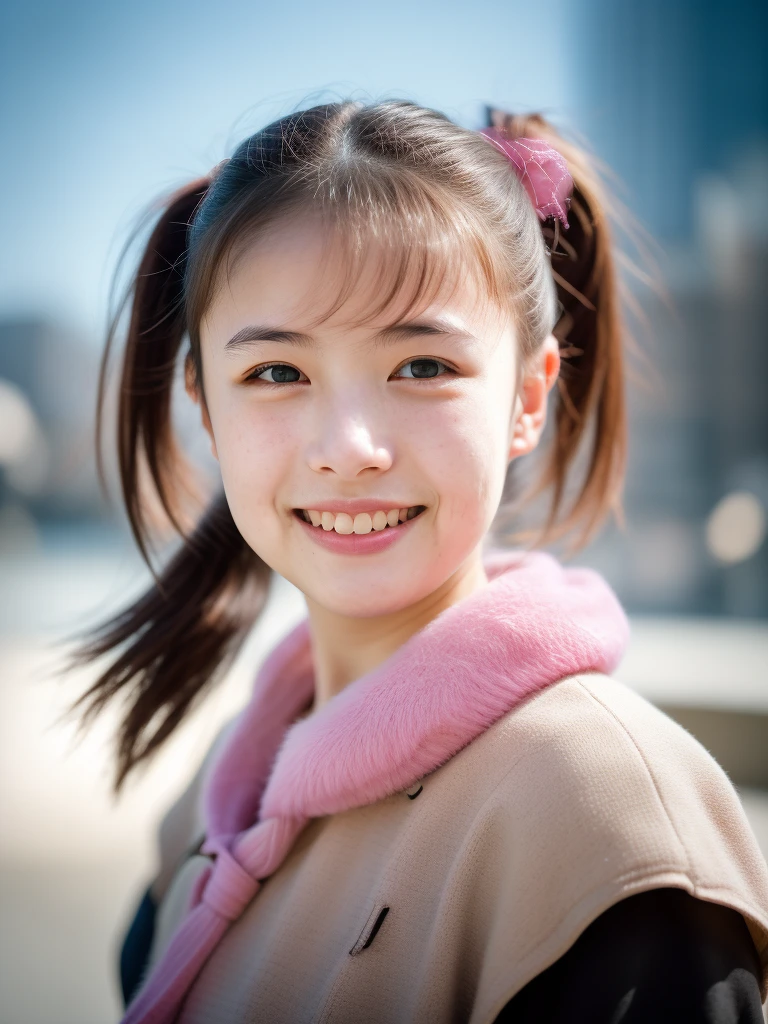 Portrait photo of a young girl, (laughing:0.7), pink ponytails hair, complex city background, backlit, (cinematic:1.5), epic realistic, hyperdetailed, insane details, intricate details, accent lighting, soft volumetric light, bokeh, (dramatic light:1.2), (neutral colors:1.3), cross process