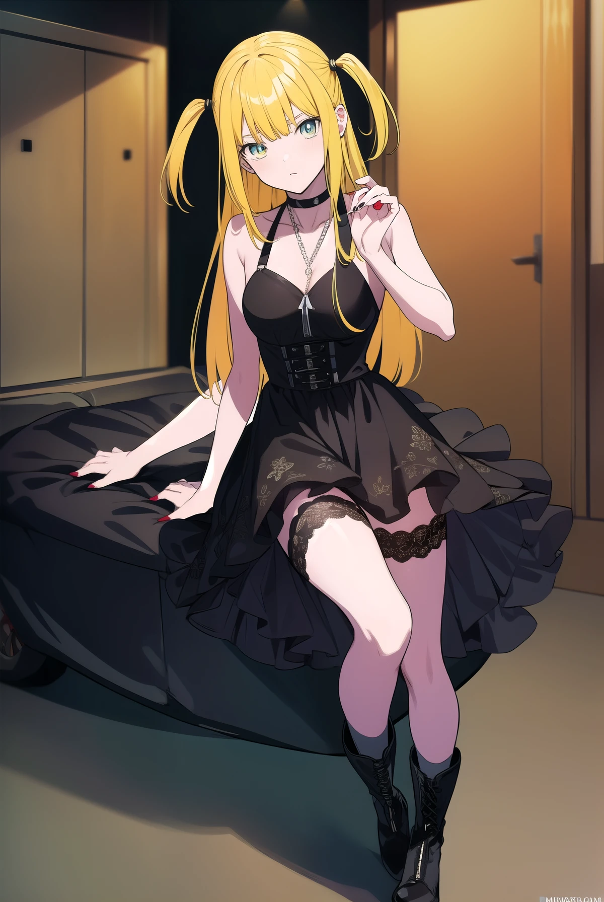 misaamane, misa amane, long hair, bangrown eyes:1.7), (yellow hair:1.5), blunt bangs, (two side up:1.5), red lips, lipstick,
BREAK thighhighs, dress, jewelry, collarbone, boots, detached sleeves, choker, black thighhighs, necklace, black footwear, black dress, sleeveless dress, garter straps, black choker, short dress, floral print, cross, red nails, cross necklace,
BREAK looking at viewer,
BREAK indoors,
BREAK (masterpiece:1.2), best quality, high resolution, unity 8k wallpaper, (illustration:0.8), (beautiful detailed eyes:1.6), extremely detailed face, perfect lighting, extremely detailed CG, (perfect hands, perfect anatomy),