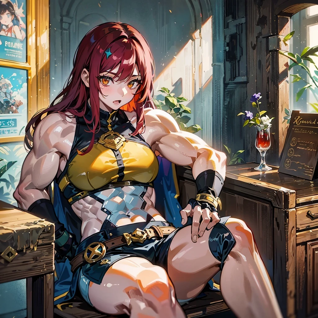 (((masterpiece)))、(((Top image quality)))、(((top-quality)))、(((Illustration of one girl)))、(((Muscle Girl)))、(((neuter)))、a cool、((Long hair with red hair))、Golden eyes、((Tall))、(((Muscular and strong body)))、(((Muscular and strong body)))、((Split abs))、(((muscular and thick arms)))、((muscular and thick thighs))、(((manspreading)))、adventurer、(((adventurer style clothes、Adventurer style equipment)))、Sitting on a chair、Medieval tavern
