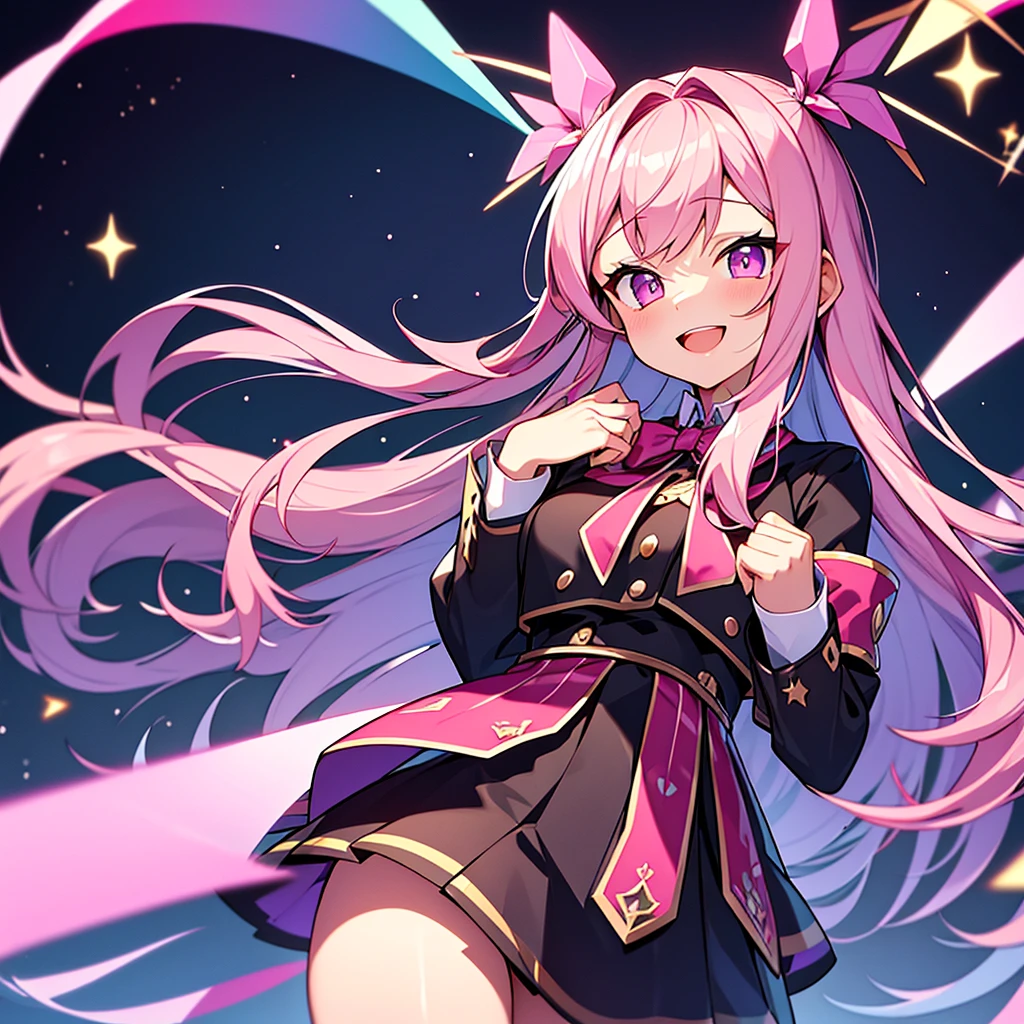 chest out, absurdres, superfine illustration,rainboweffect, highres, ultra detailed,light diffusion,highly detailed light reflection, kaleidoscope, harmonious, best shadow, highly detailed very beautiful big smile face, ;D, beautiful growing crystal diamond star pupil,look at viewer, beautiful detailed hair, solo, dynamic pose, beautiful detailed pink and black ribon, beautiful detailed High school uniform, Fantastic and the whole shines and shooting star and the wind is strong in detail background