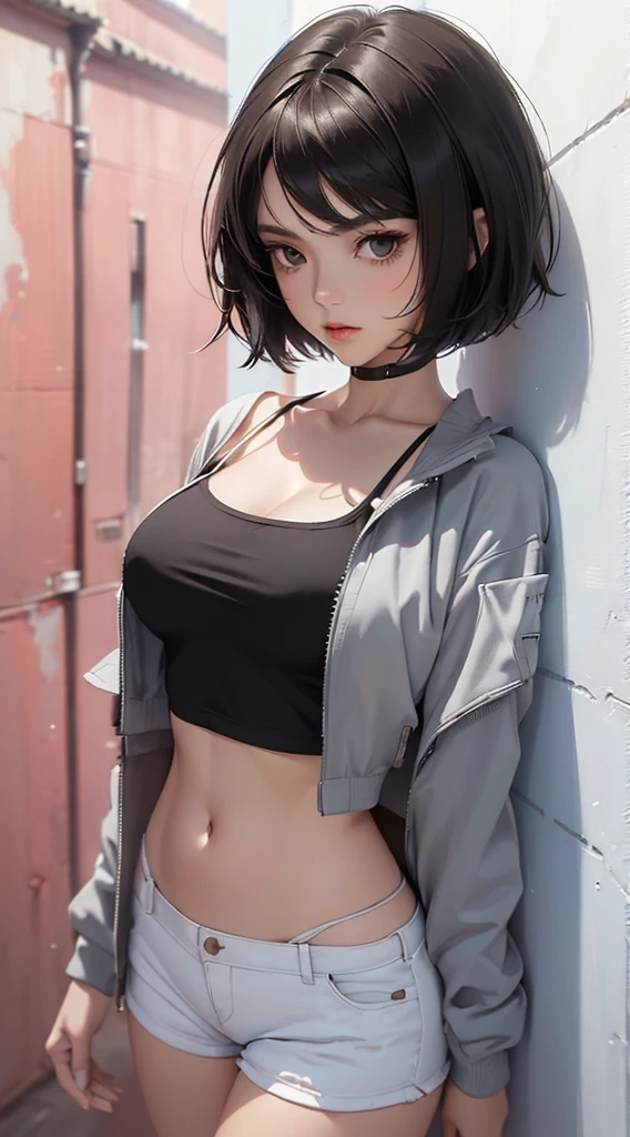 ((8k wallpaper of extremely detailed CG unit, ​masterpiece, hight resolution, top-quality)), ((Beautiful woman with dark hair, Model-like posture, Street fashion, Wearing a white camisole:1.2, Wearing a jacket:1.2, Wearing micro mini shorts:1.2)), ((extra detailed face, Highly detailed black eyes, extra detailed body, Top quality real texture skins)), (Short Bob Cut Hair, de pele branca:1.2, Exposed belly), (colorfully painted wall), hyper realisitic, digitial painting,