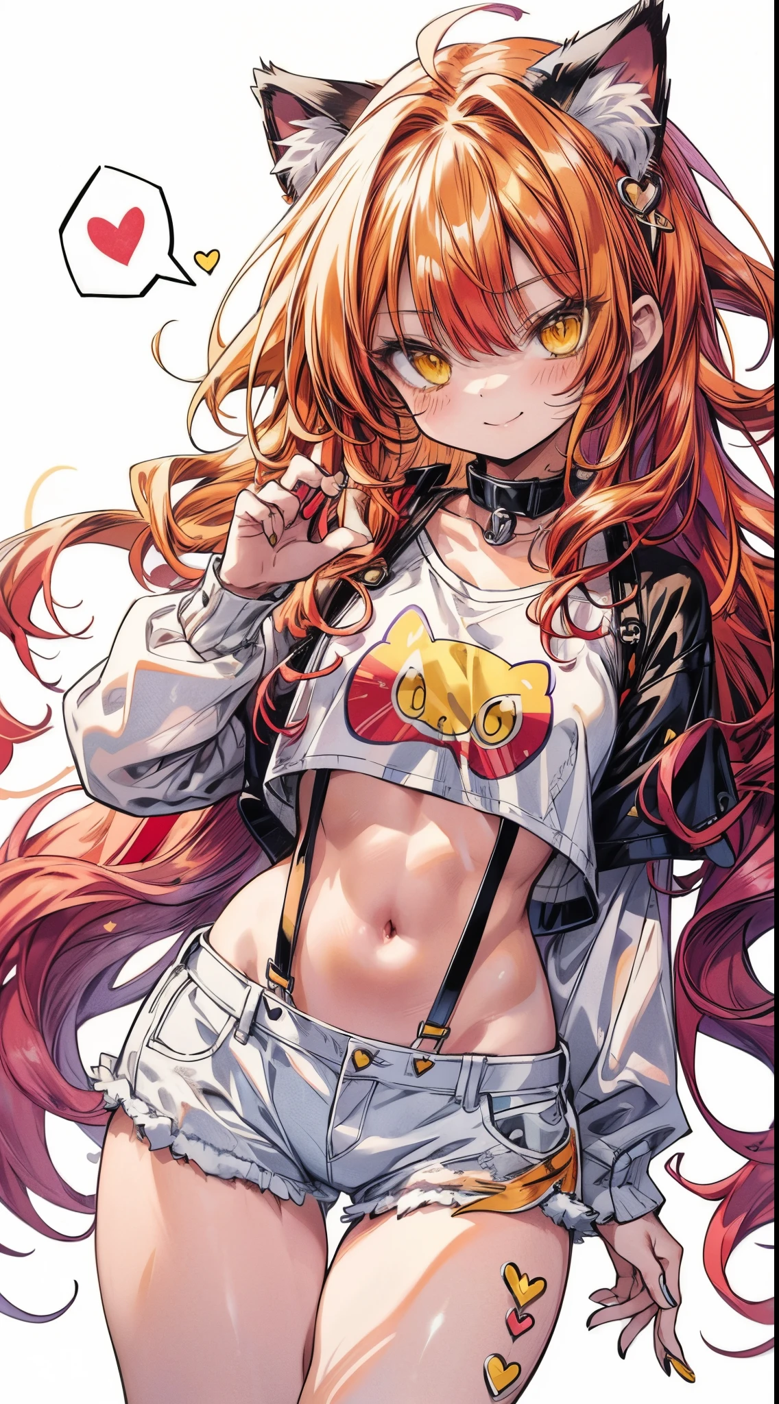 masutepiece,Best Quality,Insanely detailed,1 cute **** girl ,(8years old:1.3),Smile,(red wavy messy hair,Long hair:1.3),(Yellow cat eyes ,Cat ears:1.3),White T-shirt,suspenders,Hot Pants,bare navel,Stomach,(Abs:0.8),one-handed paw pose,livingroom,(Spoken Heart:1.2),Hyper realistic, Perfect Anatomy, Perfect five fingers,amazing,superfine illustration