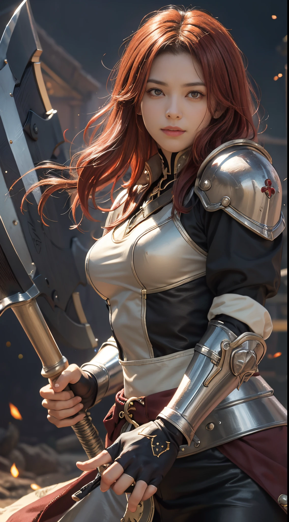 8k, best quality, highres, realistic, real person, A solitary warrior in a suspicious arena setting, without the demon lord. The warrior, lightly armored and with a sly smile, wields a large, ornately decorated axe. They have short red hair. The background is a mysterious and ominous arena, with a sense of danger and suspense. The lighting is dim and dramatic, enhancing the warrior's intense and cunning appearance.