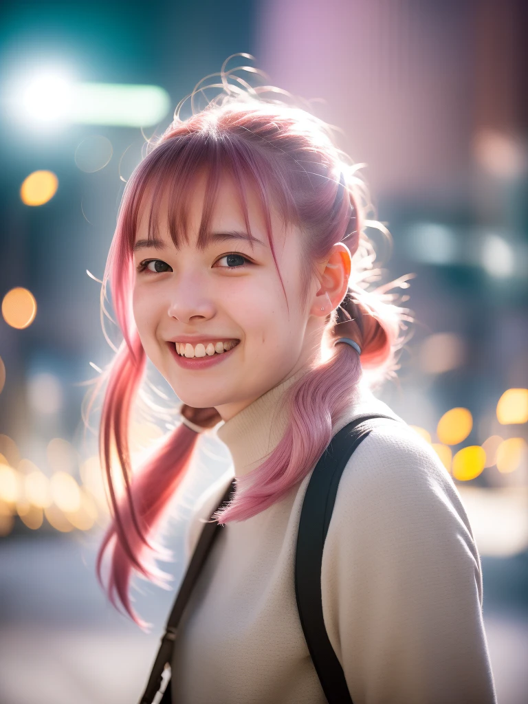 Portrait photo of a young girl, (laughing:0.7), pink ponytails hair, complex city background, backlit, (cinematic:1.5), epic realistic, hyperdetailed, insane details, intricate details, accent lighting, soft volumetric light, bokeh, (dramatic light:1.2), (neutral colors:1.3), cross process