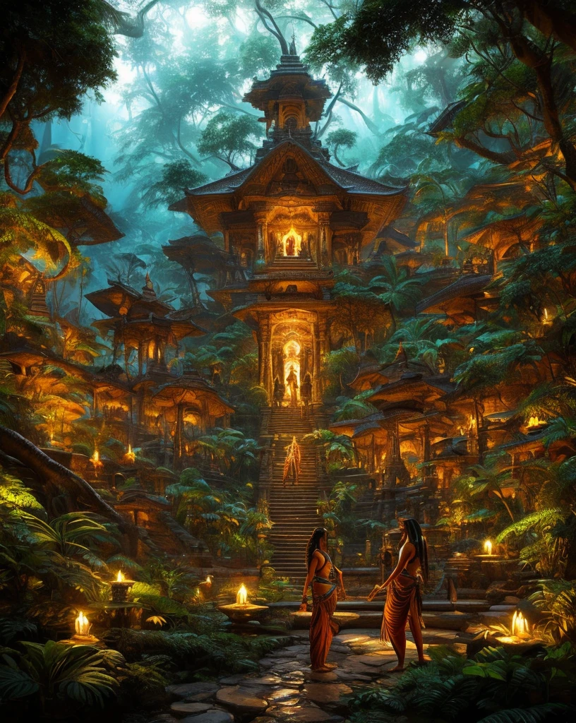 Perspective image, Alex Horley style art, full body, Brazilian Indian, indigenous Brazilian using psychic ability, concentrated cereno, fingers on temples, glowing eyes, transcendental psychedelic, Amazon rainforest scene, 4k image.