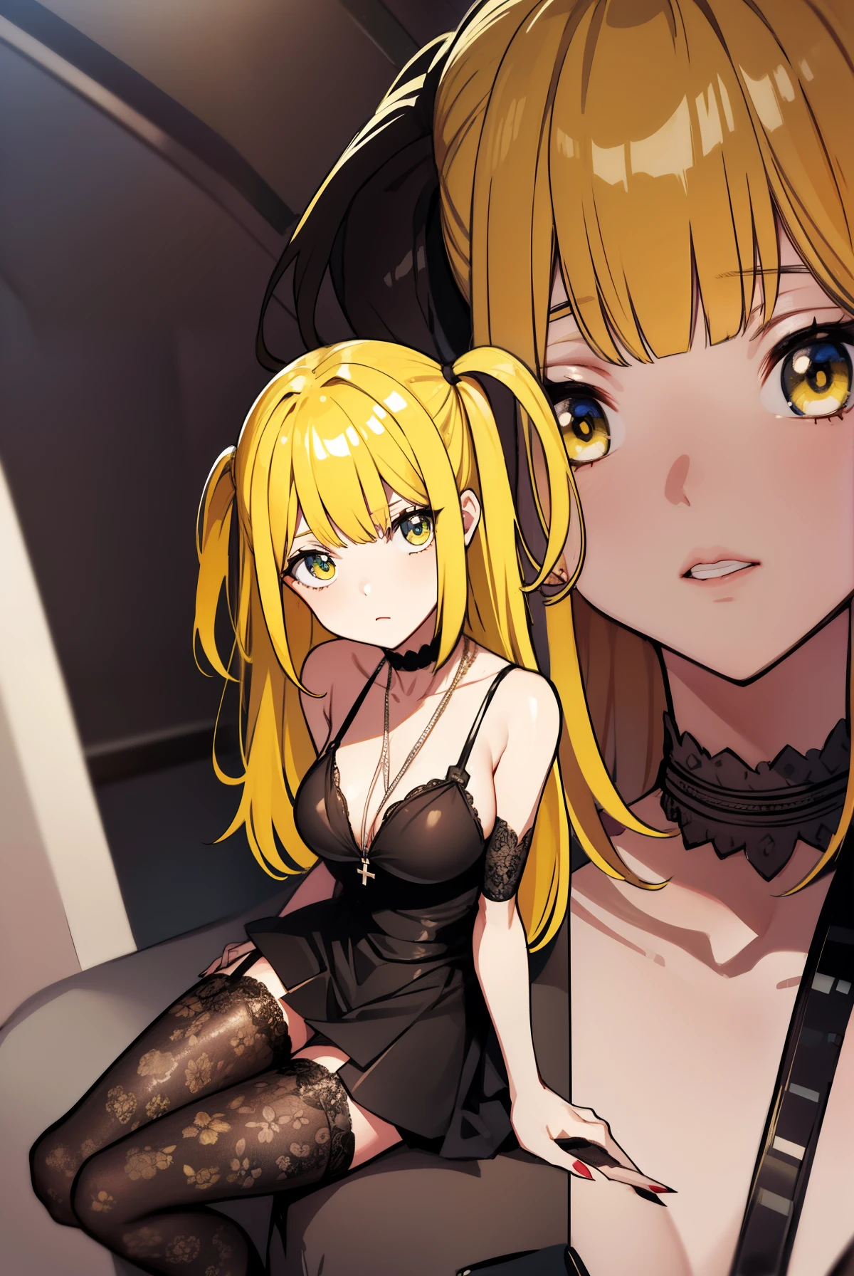 misaamane, misa amane, long hair, bangrown eyes:1.7), (yellow hair:1.5), blunt bangs, (two side up:1.5), red lips, lipstick,
BREAK thighhighs, dress, jewelry, collarbone, boots, detached sleeves, choker, black thighhighs, necklace, black footwear, black dress, sleeveless dress, garter straps, black choker, short dress, floral print, cross, red nails, cross necklace,
BREAK looking at viewer,
BREAK indoors,
BREAK (masterpiece:1.2), best quality, high resolution, unity 8k wallpaper, (illustration:0.8), (beautiful detailed eyes:1.6), extremely detailed face, perfect lighting, extremely detailed CG, (perfect hands, perfect anatomy),