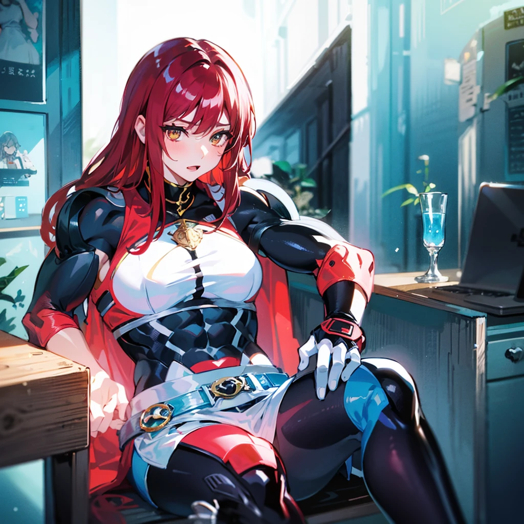 (((masterpiece)))、(((Top image quality)))、(((top-quality)))、(((Illustration of one girl)))、(((Muscle Girl)))、(((neuter)))、a cool、((Long hair with red hair))、Golden eyes、((Tall))、(((Muscular and strong body)))、(((Muscular and strong body)))、((Split abs))、(((muscular and thick arms)))、((muscular and thick thighs))、(((manspreading)))、adventurer、(((adventurer style clothes、Adventurer style equipment)))、Sitting on a chair、Medieval tavern