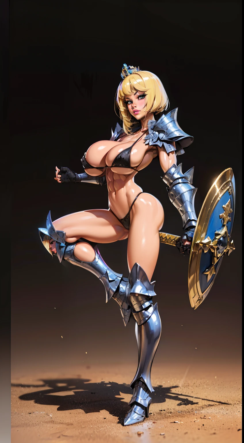 woman, bobcut, blondehair, ((black skin:1.4)), adorned in medieval armor, twerking, metal muscles, emanating a medieval elegance and marvel, armor pump boots, chrome bra, chrome silver tiara, small armband, (shoulder armor), gauntlets, ((armored bikini:1.4)), sword, shield, exposed midriff, (puffy lips:1.3), detailed eyes, ((slendered abs )),(((gigantic breasts:1.5))), wide hips, (puffy lips:1.5), slender abs,rim lighting, side light, cinematic light, ultra high definition, 8k, film grain,best shadow, light particles, detailed skin texture, detailed gem armor texture, detailed face, intricate details, super detailed, bright, spiked heel boots