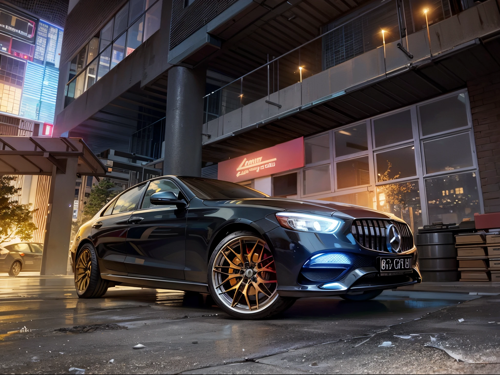 blue Mercedes car, masterpiece, best quality, high quality, extremely detailed CG unity 8k wallpaper, neon, cyberpunk city, shot on a Sony mirrorless camera, DSLR, 50mm lens f/2.8, ultra detailed, 8k, --v 4