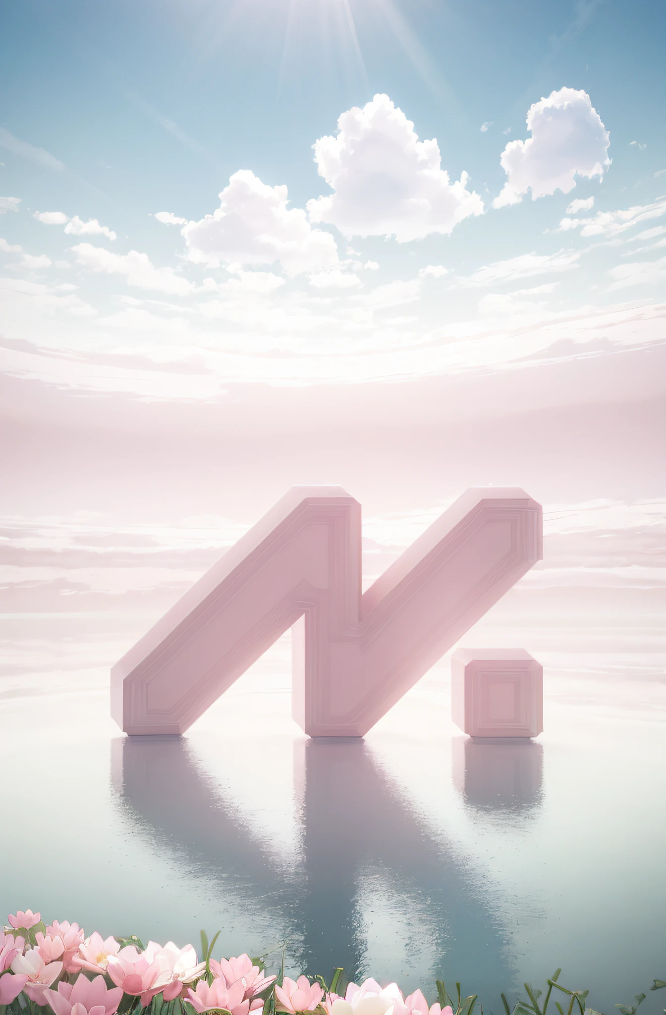 Pale pink flowers surrounded by clouds and pond, Featuring a hyper-realistic 3D landscape style, Oval entrance, Pastel color landscape, Presented as a 4D movie, mobile and organic, Idyllic, Surreal elements ，In the style of cinema4D rendering, minimalist stage designs, Layered surfaces