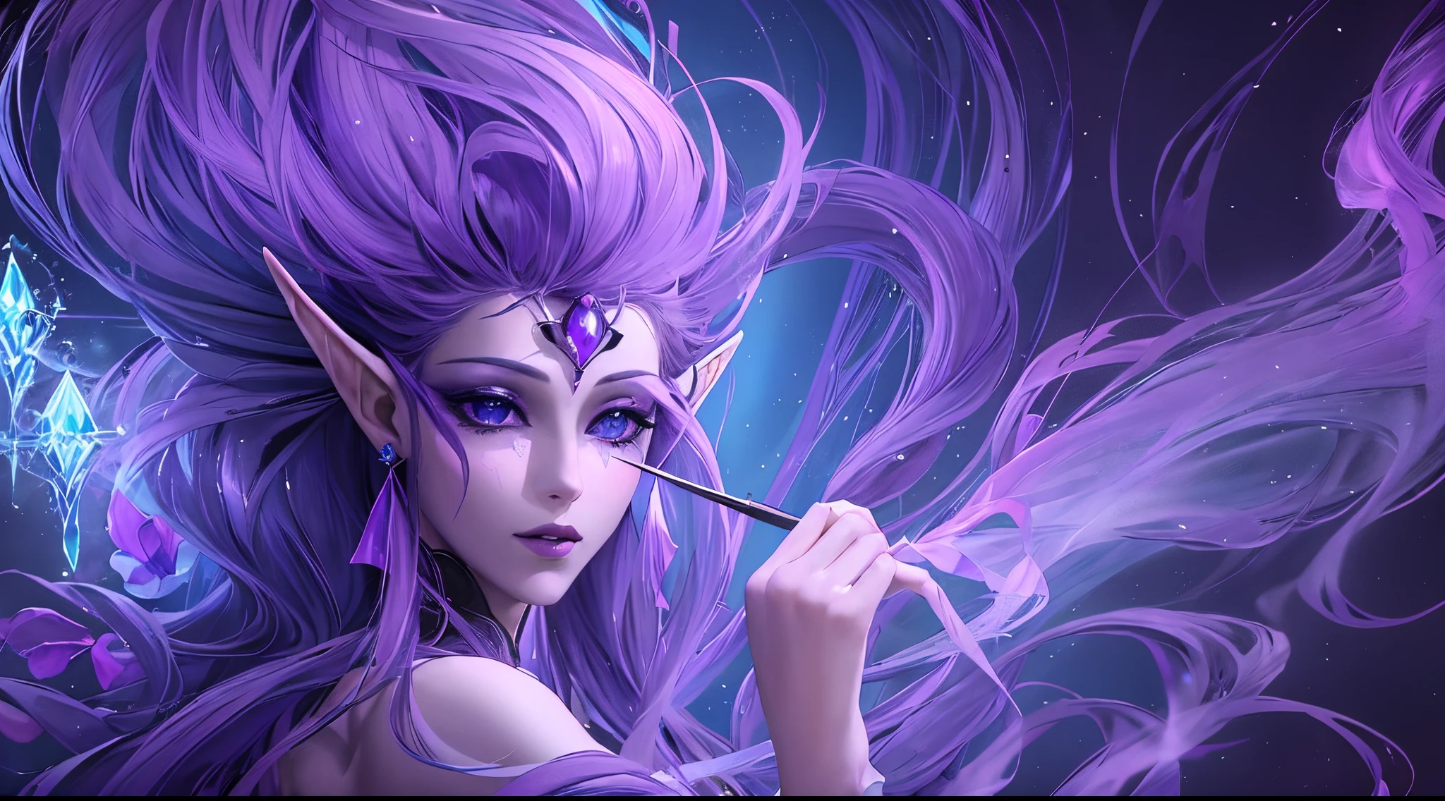 （（shot from a far distance）），（Shadow elf decorated with streamers and fireflies），（（Bonfires and shining ores on dark nights&Wind blowing effect&floating flames）），（girl），（soft light lighting），official art，（wallpaper design）