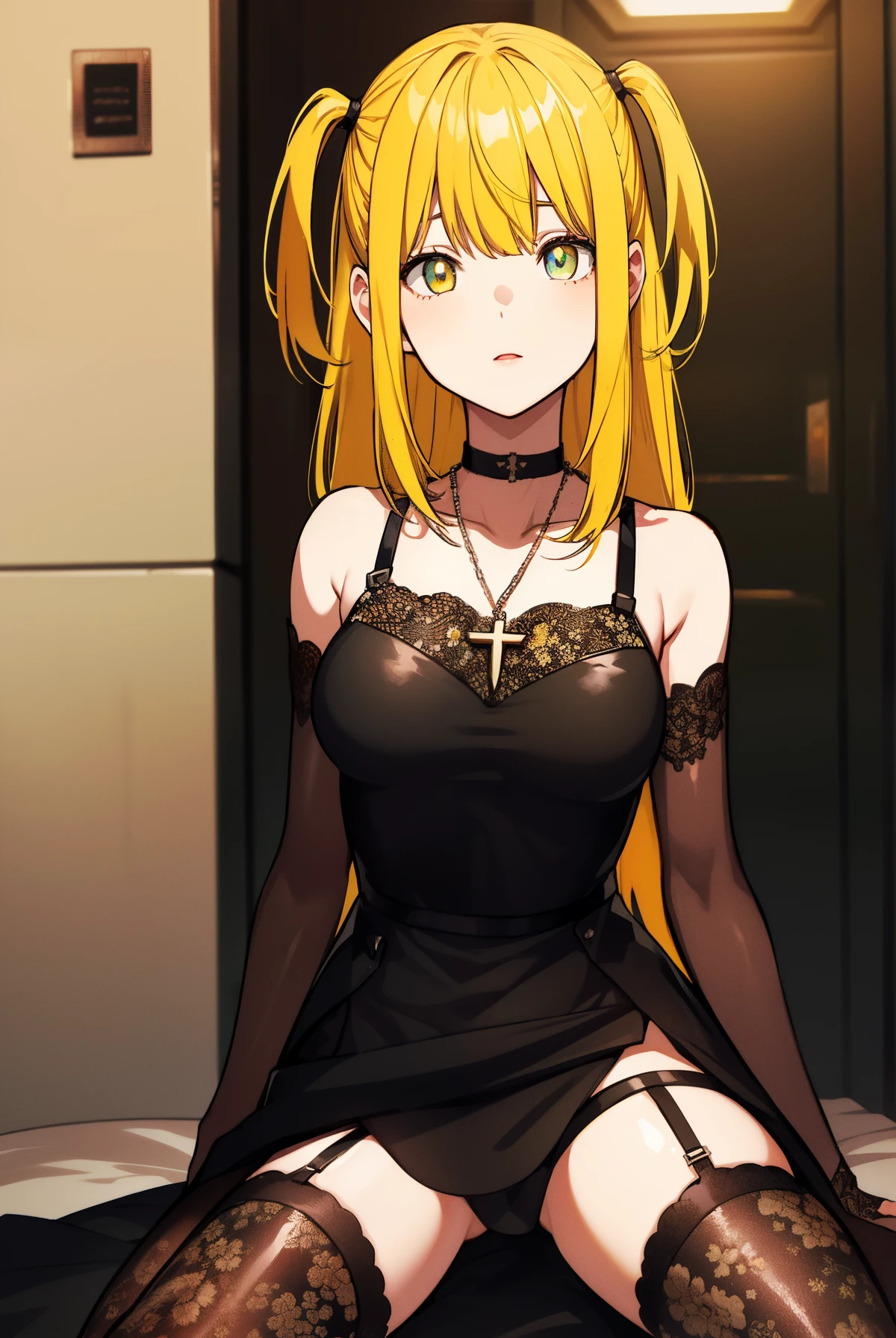 misaamane, misa amane, long hair, bangrown eyes:1.7), (yellow hair:1.5), blunt bangs, (two side up:1.5), red lips, lipstick,
BREAK thighhighs, dress, jewelry, collarbone, boots, detached sleeves, choker, black thighhighs, necklace, black footwear, black dress, sleeveless dress, garter straps, black choker, short dress, floral print, cross, red nails, cross necklace,
BREAK looking at viewer,
BREAK indoors,
BREAK (masterpiece:1.2), best quality, high resolution, unity 8k wallpaper, (illustration:0.8), (beautiful detailed eyes:1.6), extremely detailed face, perfect lighting, extremely detailed CG, (perfect hands, perfect anatomy),