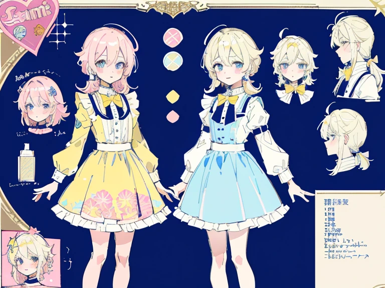 Blue skirt,supreme， white  shirt, blond hair，pink eyes，Standing on your feet，submachine gun，Detailed Genshin graphics，anime character design，anime concept art，pretty anime character design，anime character reference sheet，[Character design]，1girl in, ((Character information)、(Chara Leaf)、pastel dimmed colors, (Yellow color palette.:1.2, Blue:1.2, Pink:1.2), (a beautiful blonde ), Short fashionable skirt, Ruffles and lace, polka dot,(Lush pastel dresses), petite girl,Type sheet, Character Sheets, Three types，Shot Full Body，Game Character Design, yellow bow tie,