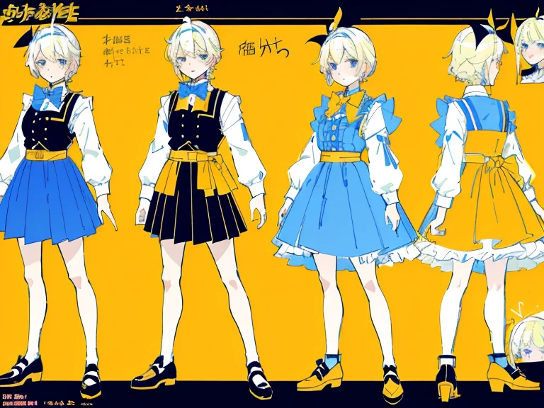 Blue skirt,supreme， white  shirt, blond hair，pink eyes，Standing on your feet，submachine gun，Detailed Genshin graphics，anime character design，anime concept art，pretty anime character design，anime character reference sheet，[Character design]，1girl in, ((Character information)、(Chara Leaf)、pastel dimmed colors, (Yellow color palette.:1.2, Blue:1.2, Pink:1.2), (a beautiful blonde ), Short fashionable skirt, Ruffles and lace, polka dot,(Lush pastel dresses), petite girl,Type sheet, Character Sheets, Three types，Shot Full Body，Game Character Design, yellow bow tie,