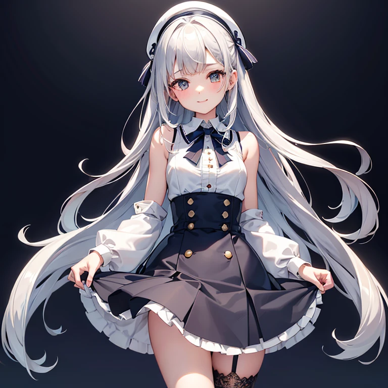 Portrait of a girl with long silver hair、Sleeveless, High collar white button front shirt、Navy cameo ribbon tie with gold trim、Navy blue high waist flared miniskirt with bustier、white voluminous underskirt、White socks above the knee、Bursting smile、Redness of the cheeks