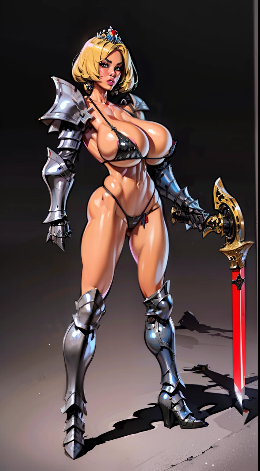 woman, bobcut, blondehair, ((black skin:1.4)), adorned in medieval armor, twerking, metal muscles, emanating a medieval elegance and marvel, armor pump boots, chrome bra, chrome silver tiara, small armband, (shoulder armor), gauntlets, ((armored bikini:1.4)), sword, shield, exposed midriff, (puffy lips:1.3), detailed eyes, ((slendered abs )),(((gigantic breasts:1.5))), wide hips, (puffy lips:1.5), slender abs,rim lighting, side light, cinematic light, ultra high definition, 8k, film grain,best shadow, light particles, detailed skin texture, detailed gem armor texture, detailed face, intricate details, super detailed, bright, spiked heel boots