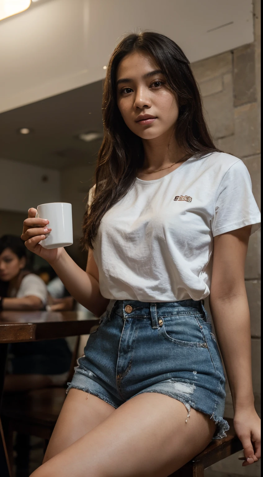 A beautiful description. The portrait of a 20-year-old Indonesian girl with extra-black, wavy long hair sounds captivating. This photo captures her beauty without filters, with a detailed face portrait at 1.2 highlighting intricate facial features and bright skin. The scene depicts the girl wearing a white T-shirt and short jeans, sitting and holding a cup of coffee in a cool, humid cafe environment, illuminated by a reflector, adding a dramatic touch to the overall masterpiece. Captured with a Canon EOS R5, 50mm lens at F/2.8, nffsw, the photo delivers an 8K resolution with the best quality. Cinematic composition, dramatic lighting, and sharp focus enhance the appeal of this portrait, showcasing her entire body with perfect proportions.