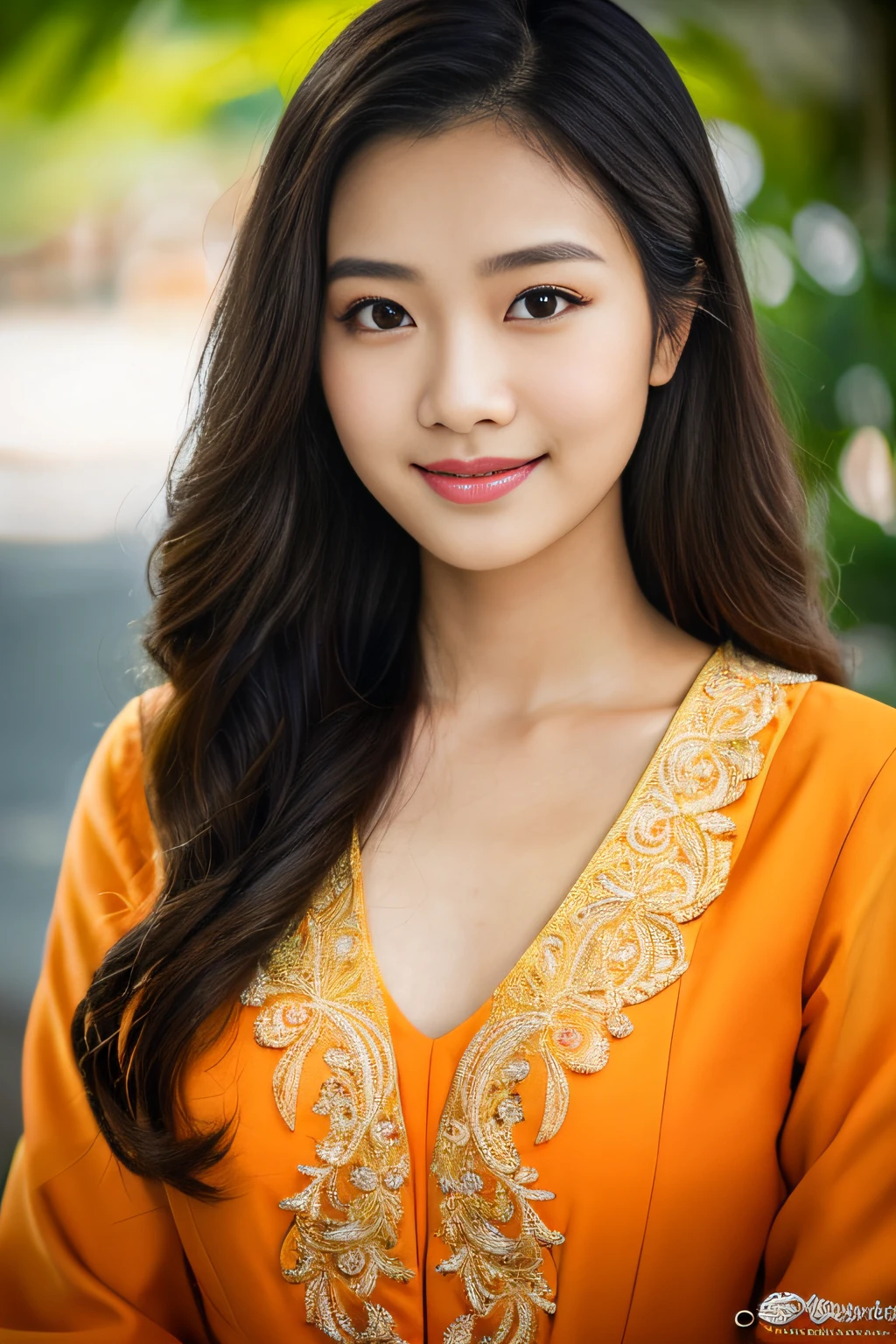 Javanese girl, 18 years old, (masterpiece), Javanese skin tone, best quality, expressive eyes, perfect face, (ultra realistic), (Orange Formal Suit), Smile, Long Black Hair, innocent face, natural wavy hair, brown eyes, High resolution, masterpiece, Best quality, intricate high detail, highly detailed, focus sharp focus, detailed skin, realistic skin texture, texture, detailed eyes, professional, 4K, charming smile, filmed on Canon, 85 mm, shallow depth of field, Kodak Vision Color, perfect fit body, Extremely detailed, photograph_\(ultra\ ), photoreallistic, Realstic, Post-processing, Maximum details, roughness, real life, ultra realist, photorealism, photography, 8K UHD, photography