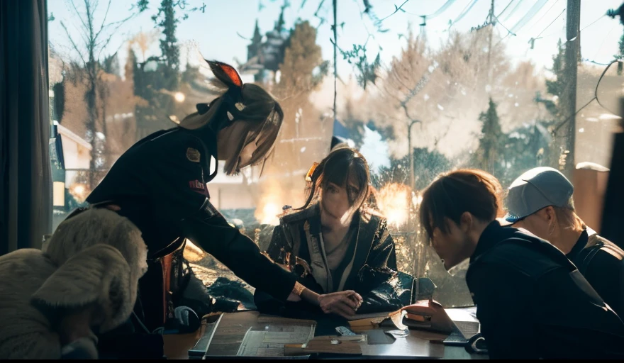 (characters in arknights):Dr，Amia，Kelsey，And the operators on Rhode Island，Discussing military deployment in the command room。