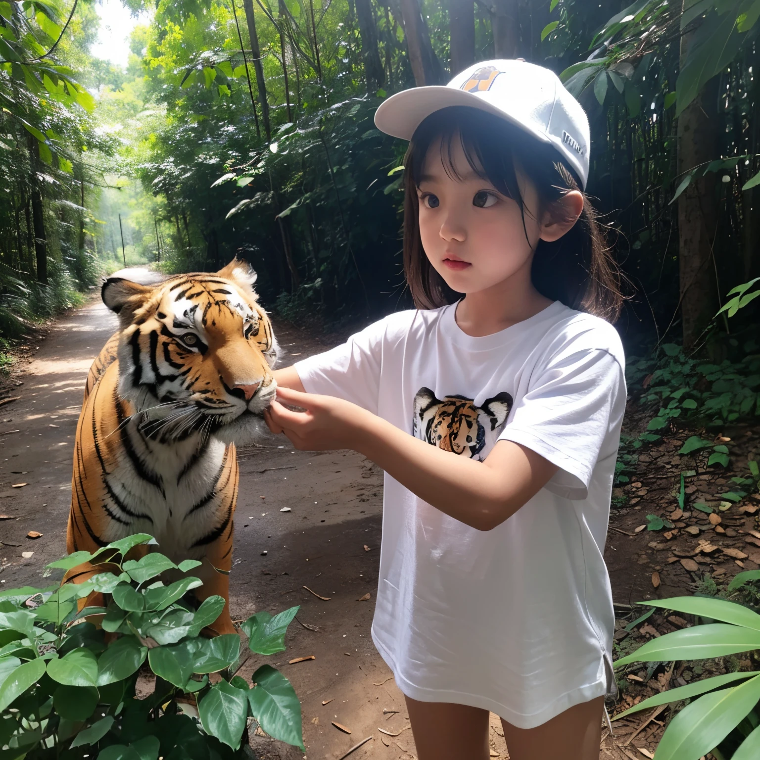 A cute  wearing a white T-shirt  holding a tiger in the dense woods. The sky  blue.