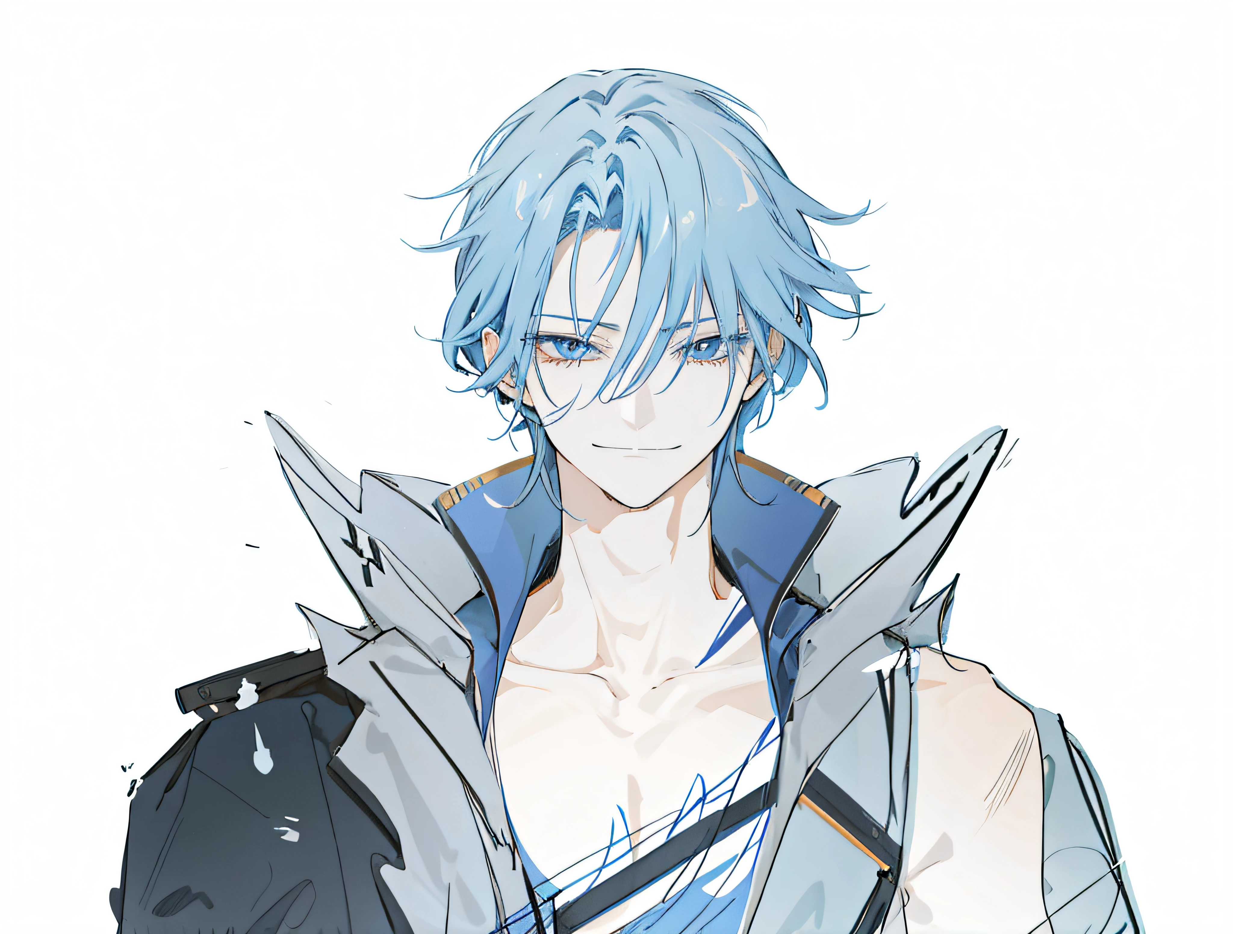 Figure holding knife and jacket, he has dark grey hairs, Tall blue eyed anime character, naughty giggle, [[[[Laughed hard]]]], Smilingly, Hajime Yatate, Gormo Adrian Grimdak, Chi Xinlong, Gaimoyedre,Hard，detail-rich，Clean shape，