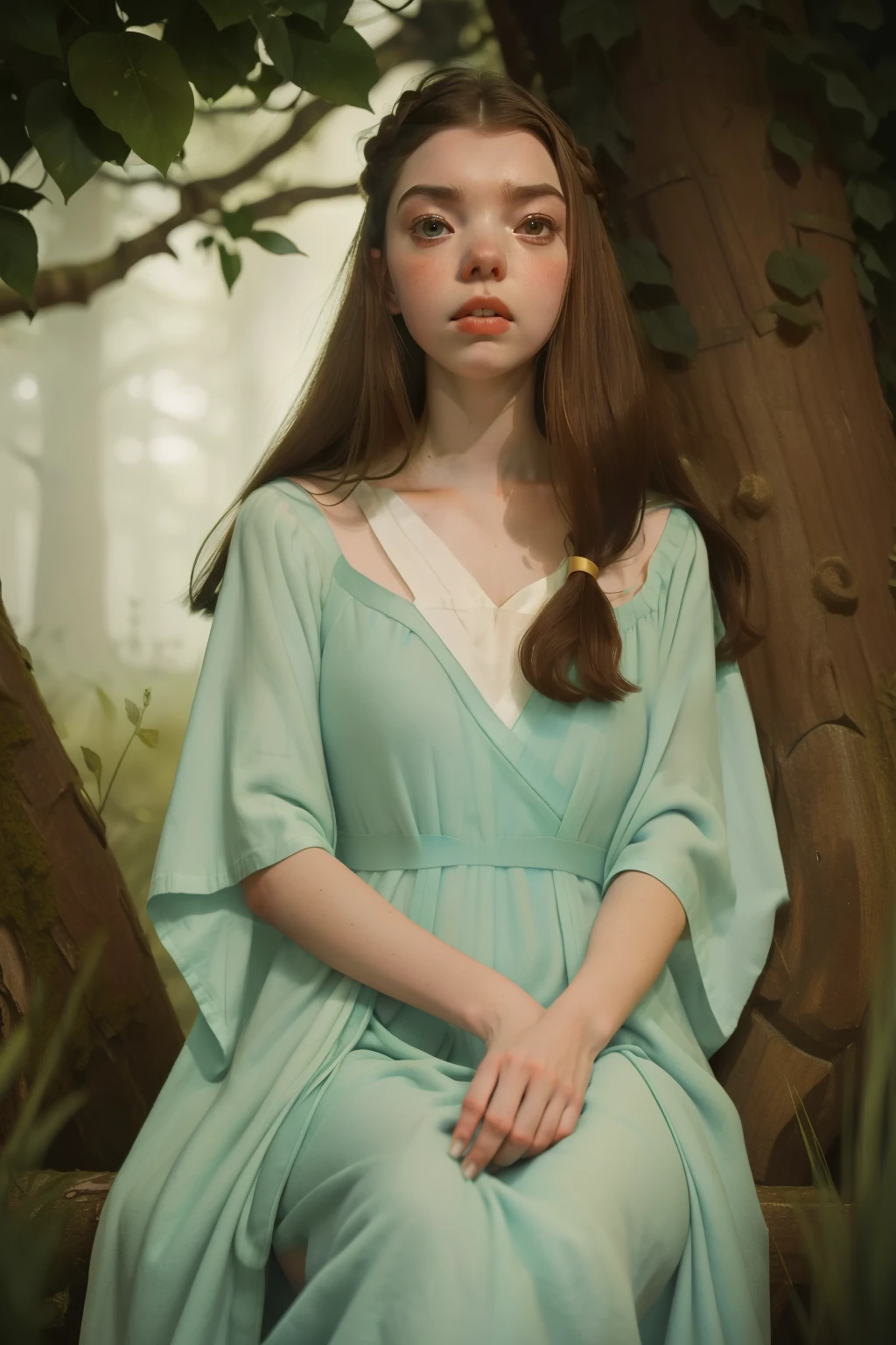 1135, England. otherworldly scene in a forest, ((((27-year-old)) Anya Taylor-Joy)), brunette, sad and smug look, telling her story, ((((poor plain tunic gown from the 12th century)))), ((Hairstyle of the 12th century)), ((Wes Anderson cinematic style)), colorful