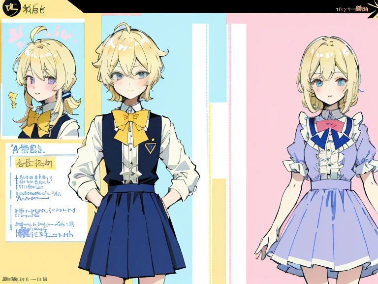 Blue skirt,supreme， white  shirt, blond hair，pink eyes，Standing on your feet，submachine gun，Detailed Genshin graphics，anime character design，anime concept art，pretty anime character design，anime character reference sheet，[Character design]，1girl in, ((Character information)、(Chara Leaf)、pastel dimmed colors, (Yellow color palette.:1.2, Blue:1.2, Pink:1.2), (a beautiful blonde ), Short fashionable skirt, Ruffles and lace, polka dot,(Lush pastel dresses),  girl,Type sheet, Character Sheets, Three types，Shot Full Body，Game Character Design, yellow bow tie,