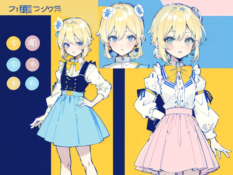 Blue skirt,supreme， white  shirt, blond hair，pink eyes，Standing on your feet，submachine gun，Detailed Genshin graphics，anime character design，anime concept art，pretty anime character design，anime character reference sheet，[Character design]，1girl in, ((Character information)、(Chara Leaf)、pastel dimmed colors, (Yellow color palette.:1.2, Blue:1.2, Pink:1.2), (a beautiful blonde ), Short fashionable skirt, Ruffles and lace, polka dot,(Lush pastel dresses), petite girl,Type sheet, Character Sheets, Three types，Shot Full Body，Game Character Design, yellow bow tie,