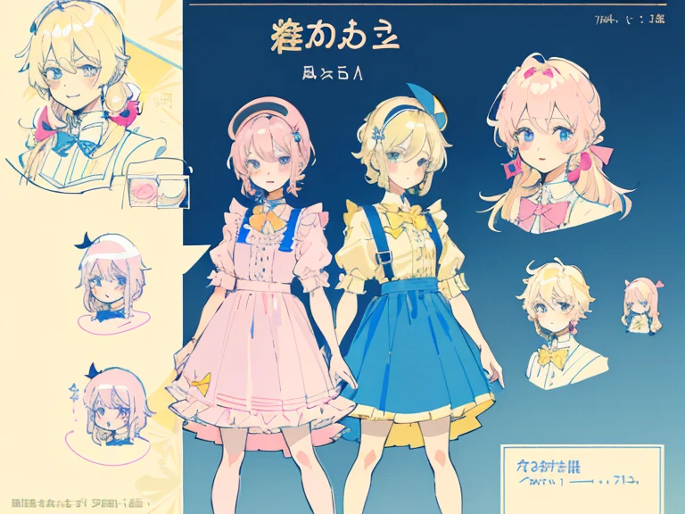 Blue skirt,supreme， white  shirt, blond hair，pink eyes，Standing on your feet，submachine gun，Detailed Genshin graphics，anime character design，anime concept art，pretty anime character design，anime character reference sheet，[Character design]，1girl in, ((Character information)、(Chara Leaf)、pastel dimmed colors, (Yellow color palette.:1.2, Blue:1.2, Pink:1.2), (a beautiful blonde ), Short fashionable skirt, Ruffles and lace, polka dot,(Lush pastel dresses), petite girl,Type sheet, Character Sheets, Three types，Shot Full Body，Game Character Design, yellow bow tie,