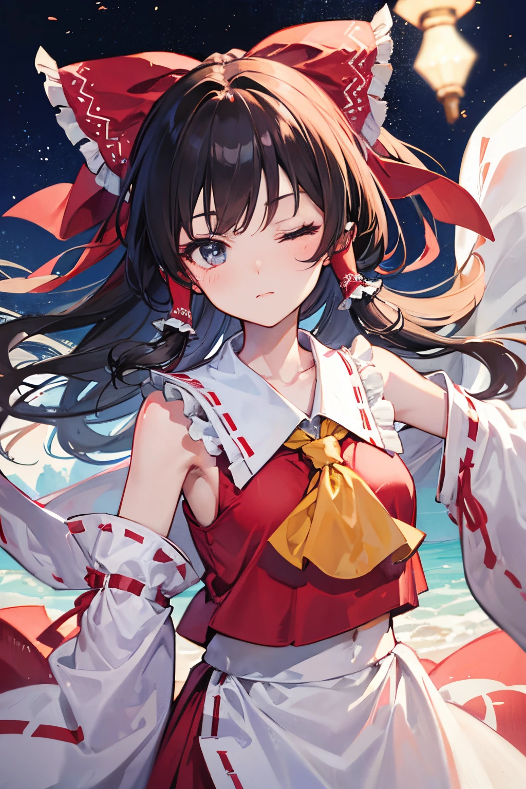 masterpiece, fine detail, 4k, 8k, 12k, solo, solo, beautiful girl, caucasian female, sideways, eyes closed Reimu Hakurei