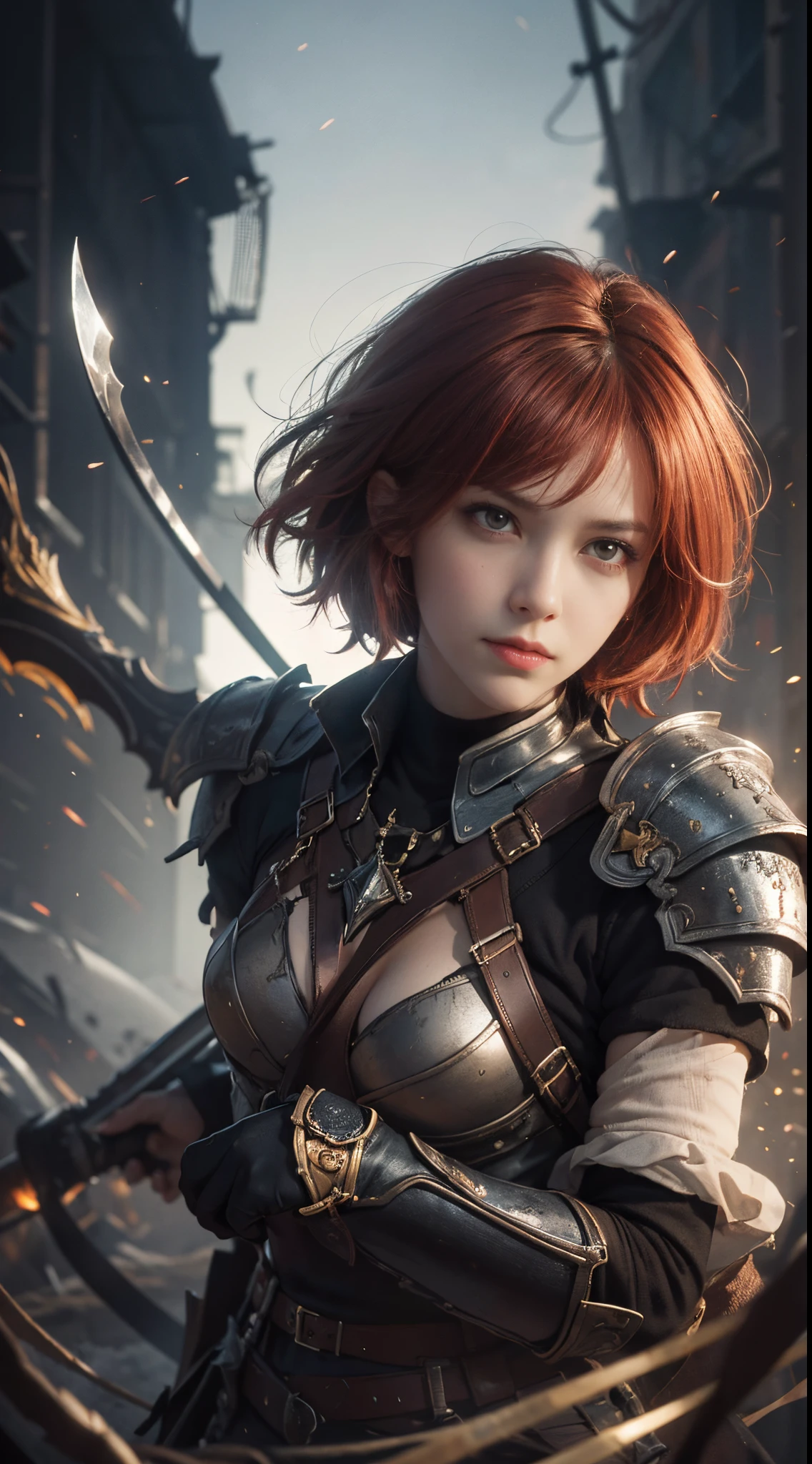 8k, best quality, highres, realistic, real person, A solitary warrior in a suspicious arena setting, without the demon lord. The warrior, lightly armored and with a sly smile, wields a large, ornately decorated axe. They have short red hair. The background is a mysterious and ominous arena, with a sense of danger and suspense. The lighting is dim and dramatic, enhancing the warrior's intense and cunning appearance.