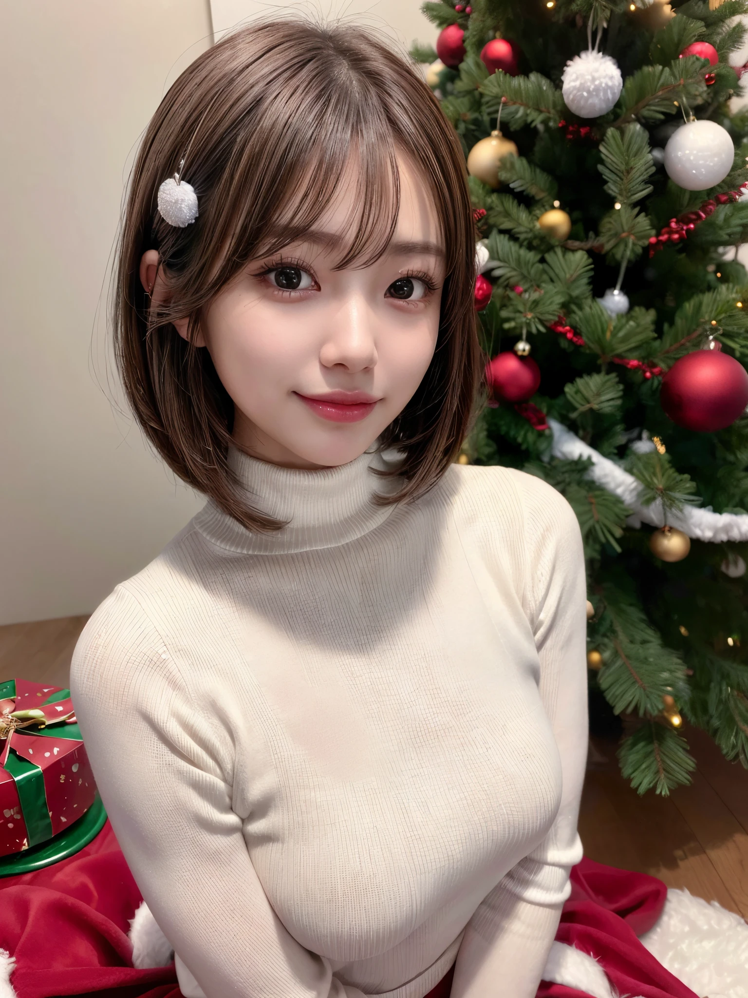 (8k, RAW photo, best quality, masterpiece:1.2), (realistic, photo-realistic:1.4), (extremely detailed 8k wallpaper), sharp focus, depth of field, bocinematic lighting, soft light, detailed beauty eyes,shiny smooth light brown long bob hair, asymmetrical bangs, shiny skin, super detailed skin ,high resolution, high detailing, detailed hairstyle, detailed beauty face, hyper realistic, perfect limbs, perfect anatomy ,1 japanese girl,famous Japanese idol, perfect female body, large breasts,smile,short eyelashes,double-edged eyelid,long bob hair, White Turtleneck Sweater, (She's enjoying a Christmas party at home:1.3) , Black micro mini skirt ,looking at viewer,,cowboy shot