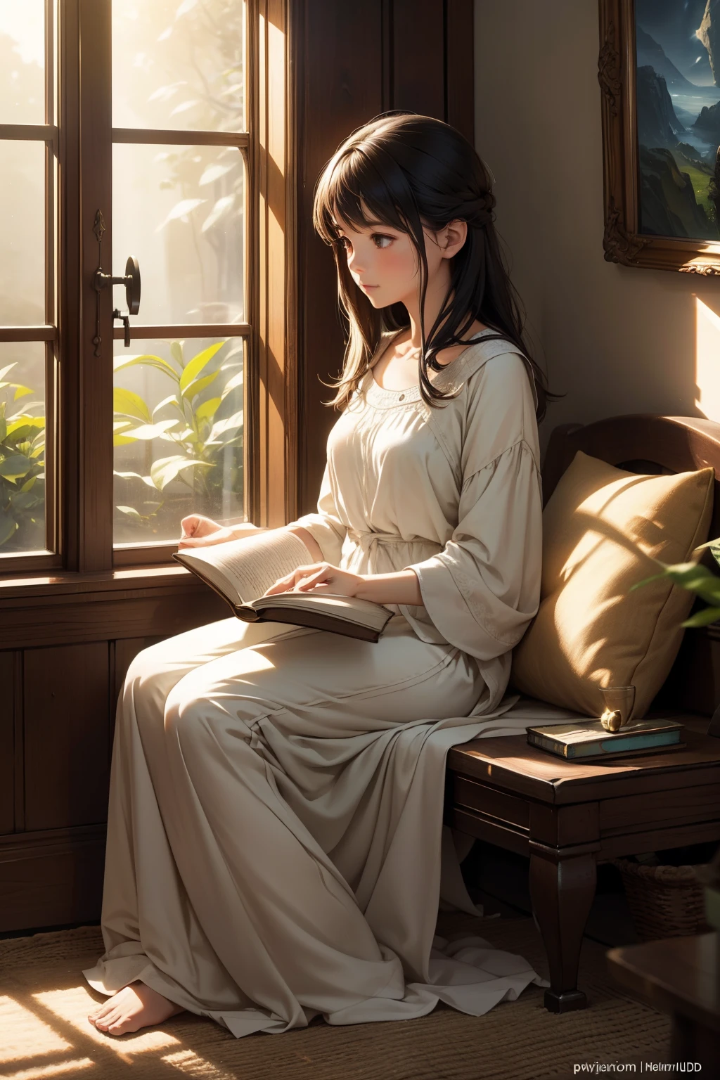 knowledge books,isolated girl,staring out the window,view outside the house,illustrative style,cozy atmosphere,warm sunlight,piled books,soft sunlight,calm room,lush greenery,quiet surroundings,dreamy scenery,magical atmosphere,daytime scene,warm colors,serene ambiance,curtained window,windowsill,peaceful silence,wandering thoughts,thoughtful expression,lonely girl,solitude,vibrant imagination,gentle breeze,fictional worlds,bookworm's paradise,distant horizon,tranquil escape,escape from reality,peaceful retreat,mindful solitude,magical escape,hidden realms,boundless knowledge,endless possibilities,hours of reading,enchanting world,boundless imagination,whimsical dreams,unexplored adventures,limitless creativity,internal exploration,escape to fantasy,unleashing creativity,unbounded inspiration,deep focus,uninterrupted reading,adventure awaits,unveiling mysteries.
(best quality,4k,8k,highres,masterpiece:1.2),ultra-detailed,(realistic,photorealistic,photo-realistic:1.37),HDR,UHD,studio lighting,ultra-fine painting,sharp focus,physically-based rendering,extreme detail description,professional,vivid colors,bokeh,portraits