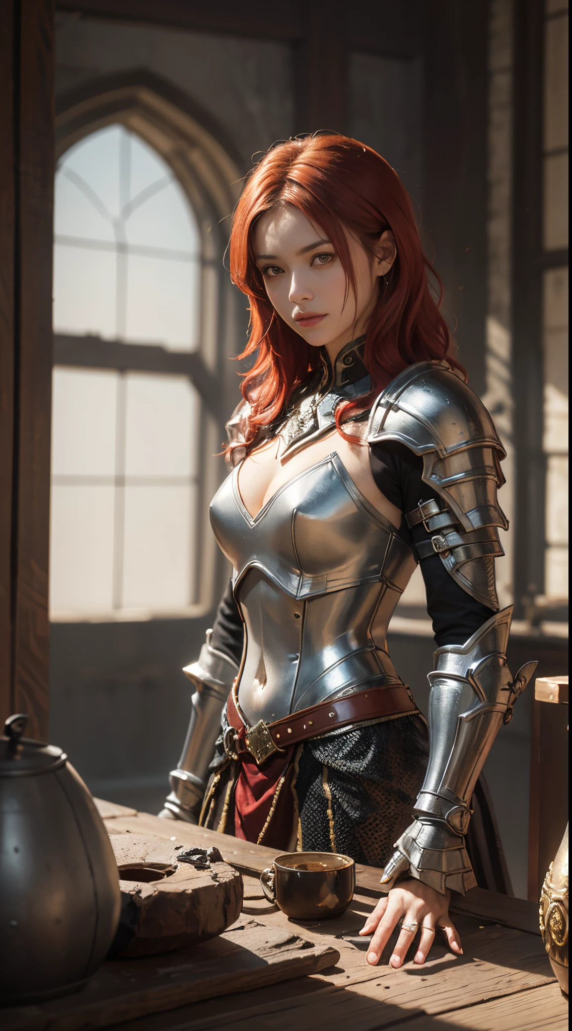 8k, best quality, highres, realistic, real person, A solitary warrior in a suspicious arena setting, without the demon lord. The warrior, lightly armored and with a sly smile, wields a large, ornately decorated axe. They have short red hair. The background is a mysterious and ominous arena, with a sense of danger and suspense. The lighting is dim and dramatic, enhancing the warrior's intense and cunning appearance.