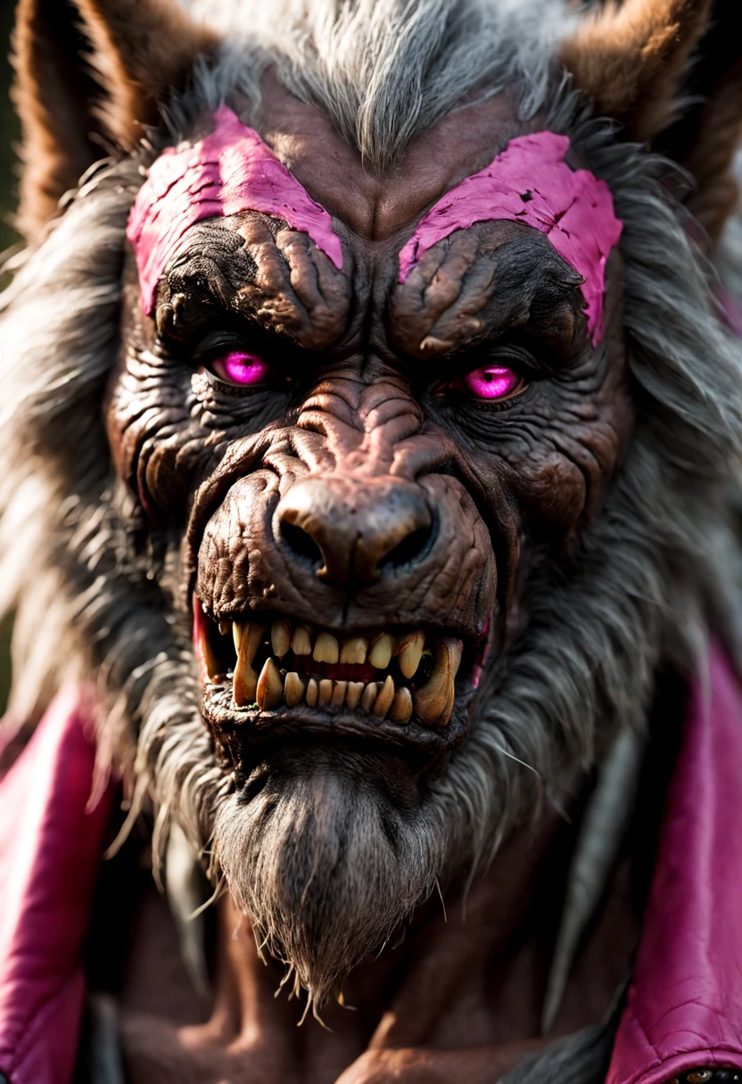 Hyper detailed photograph of a captivating portrait of a wise and weathered werewolf, adorned with pink leather and a rugged expression that tells tales of countlesshunts, (looking at viewer:1.2), (sharp focus, hyper detailed, highly intricate:1.20), (natural lighting:1.2), Extremely high-resolution details, photographic, realism pushed to extreme, fine texture, incredibly lifelike, cinematic, 35mm film, 35mm photography, film, photo realism, DSLR, 8k uhd, hdr, ultra-detailed, high quality, high contrast