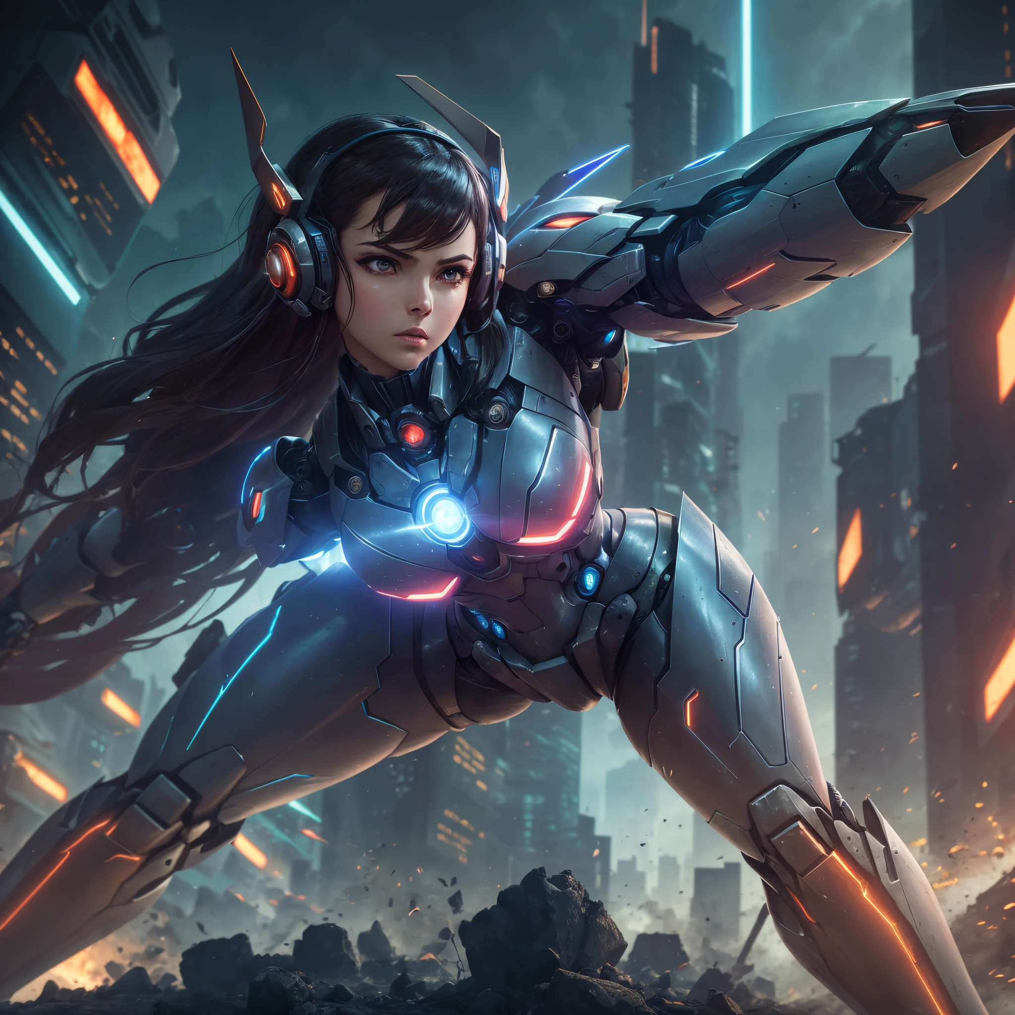 Earms-prima in UHD, comic-book style, portraying a mecha woman in the middle of a cyber attack. | In the center of the image, the heroine appears in an impactful pose, ready to face a DDOS attack. Its imposing and fearless presence dominates the scene, standing out against a and futuristic sci-fi background. | Lines and digital elements adorn the environment, creating a technological and intense atmosphereposition strategically centered on the figure of the mecha woman, emphasizing her strength and heroism. | Cinematic lighting effect highlights the metallic parts of the strand, creating dynamic shadows that amplify the intensity of the moment. | Captivating scene of a mecha woman in a heroic pose, ready to face a DDOS attack | The camera, positioned close to the character, reveals her entire body as she adopts a dynamic pose, interacting and leaning on a technological structure. Dynamic inclinations and recoss add life to the composition. | (perfect_pose), She adopting a ((dynamic_pose as interacts, boldly leaning on a large structure, leaning back in a dynamic way):1.erfect_hands), (perfect_fingers), (perfect_legetter_handig, ((full body)), More Detail --auto --s2
