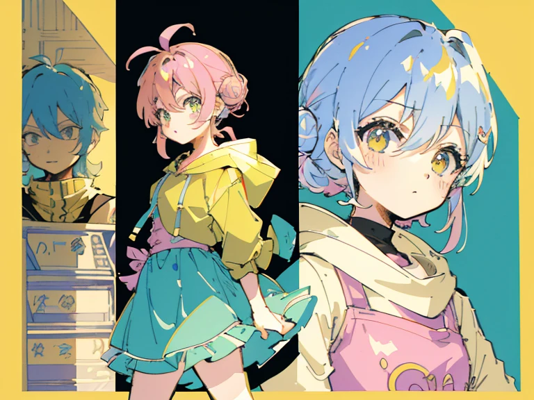 supreme， green down jacket，lime color hair，pink eyes，Standing on your feet，submachine gun，Detailed Genshin graphics，anime character design，anime concept art，pretty anime character design，anime character reference sheet，[Character design]，1girl in, ((Character information)、(Chara Leaf)、pastel dimmed colors, (Yellow color palette.:1.2, Blue:1.2, Pink:1.2), (Blue hair bun and blonde), Short fashionable skirt, Sitting on a throne of sweets and pastries, For example, doughnut, splash, candy, Lollipop, lollipop cane, a cake, cupcake, Cake Pop, Ruffles and lace, polka dot,(Lush pastel dresses), petite girl,Type sheet, Character Sheets, Three types，Shot Full Body，Game Character Design, green color, Green hoodie，
