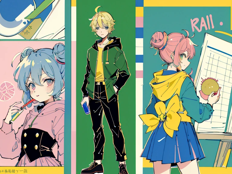 supreme， green down jacket，lime color hair，pink eyes，Standing on your feet，submachine gun，Detailed Genshin graphics，anime character design，anime concept art，pretty anime character design，anime character reference sheet，[Character design]，1girl in, ((Character information)、(Chara Leaf)、pastel dimmed colors, (Yellow color palette.:1.2, Blue:1.2, Pink:1.2), (Blue hair bun and blonde), Short fashionable skirt, Sitting on a throne of sweets and pastries, For example, doughnut, splash, candy, Lollipop, lollipop cane, a cake, cupcake, Cake Pop, Ruffles and lace, polka dot,(Lush pastel dresses), petite girl,Type sheet, Character Sheets, Three types，Shot Full Body，Game Character Design, green color, Green hoodie，