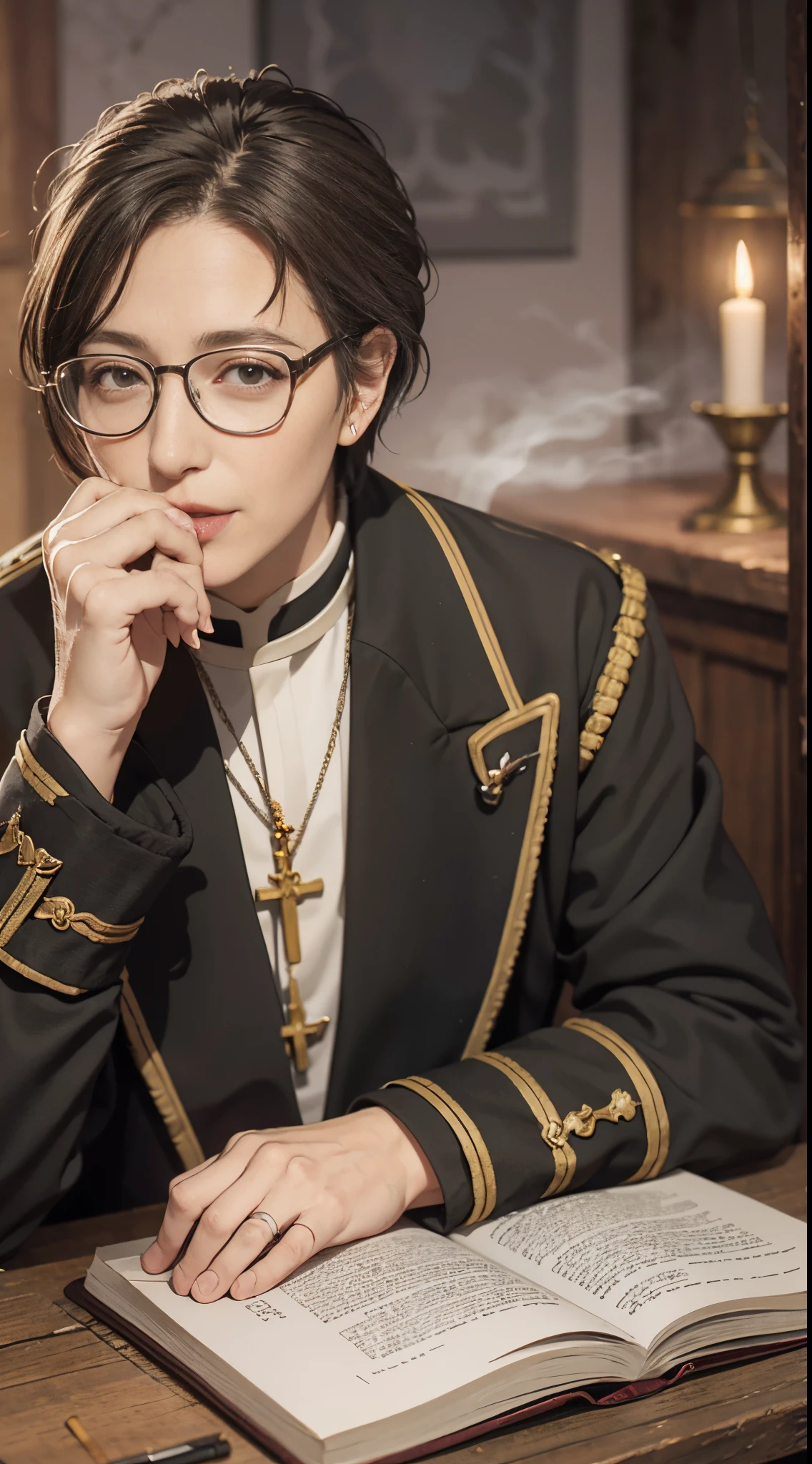 8k, best quality, highres, realistic, real person, A clergy character with glasses and short hair, who, despite being a cleric, enjoys a drink and a cigarette. The cleric's attire is a blend of traditional and modern elements, reflecting their unconventional personality. The setting is a dimly lit, cozy space, suggesting a private retreat where the clergy can unwind. The character's demeanor is relaxed and a bit mischievous, adding an interesting contrast to their holy profession.