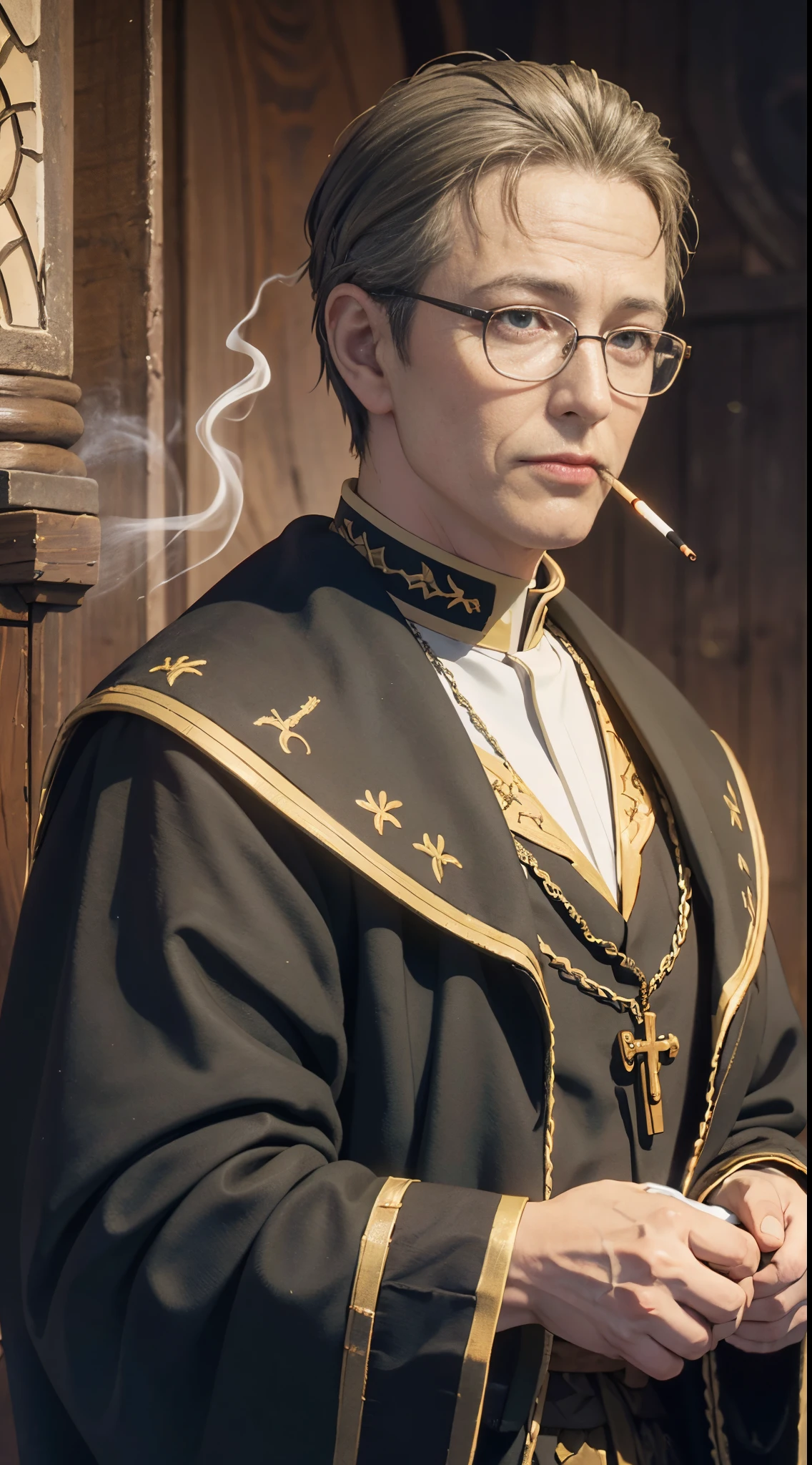 8k, best quality, highres, realistic, real person, A clergy character with glasses and short hair, who, despite being a cleric, enjoys a drink and a cigarette. The cleric's attire is a blend of traditional and modern elements, reflecting their unconventional personality. The setting is a dimly lit, cozy space, suggesting a private retreat where the clergy can unwind. The character's demeanor is relaxed and a bit mischievous, adding an interesting contrast to their holy profession.