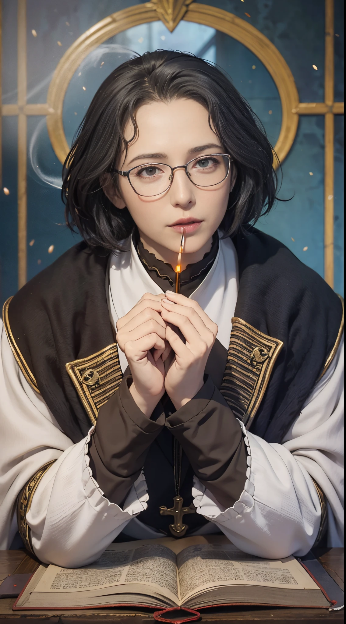 8k, best quality, highres, realistic, real person, A clergy character with glasses and short hair, who, despite being a cleric, enjoys a drink and a cigarette. The cleric's attire is a blend of traditional and modern elements, reflecting their unconventional personality. The setting is a dimly lit, cozy space, suggesting a private retreat where the clergy can unwind. The character's demeanor is relaxed and a bit mischievous, adding an interesting contrast to their holy profession.