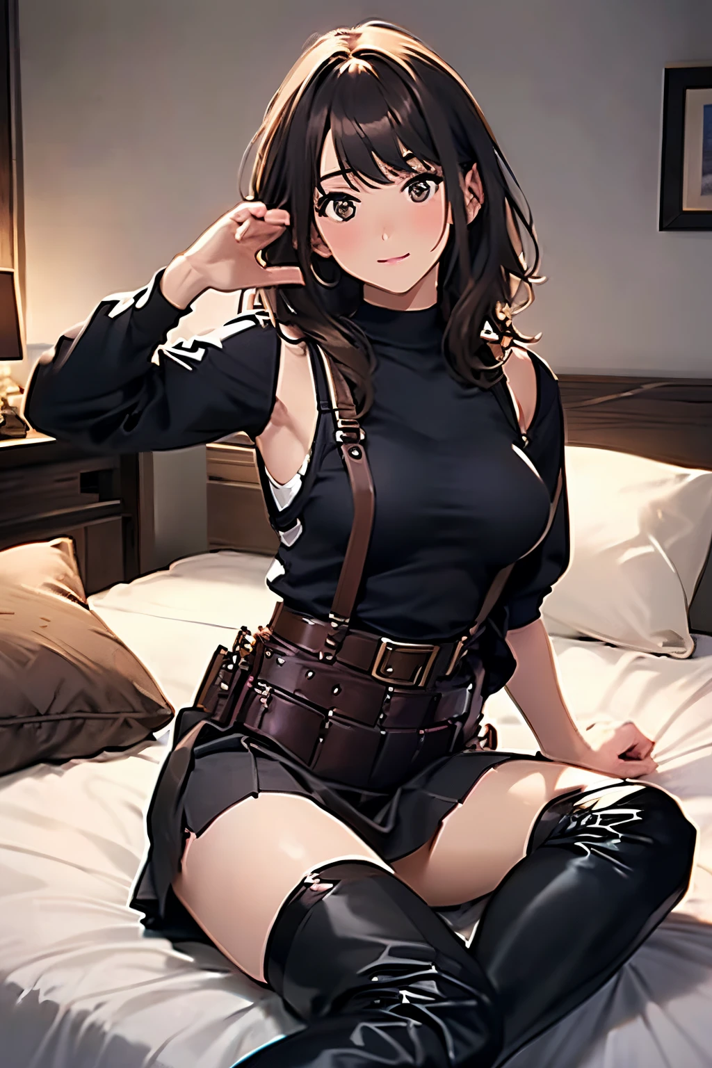 Brown hair、watching at viewers　　　black suspenders　　　Bulging big breasts　　 　 　　　walls: 　Black miniskirt　garters　　　　　　Gaze　　　Small face　bangss 　　　holster　　Belt Armament　Beautuful Women　srestrained　hands up　Lying in bed　Leg holster lying on the bed　　Gaze 　black boots upskirt tank top