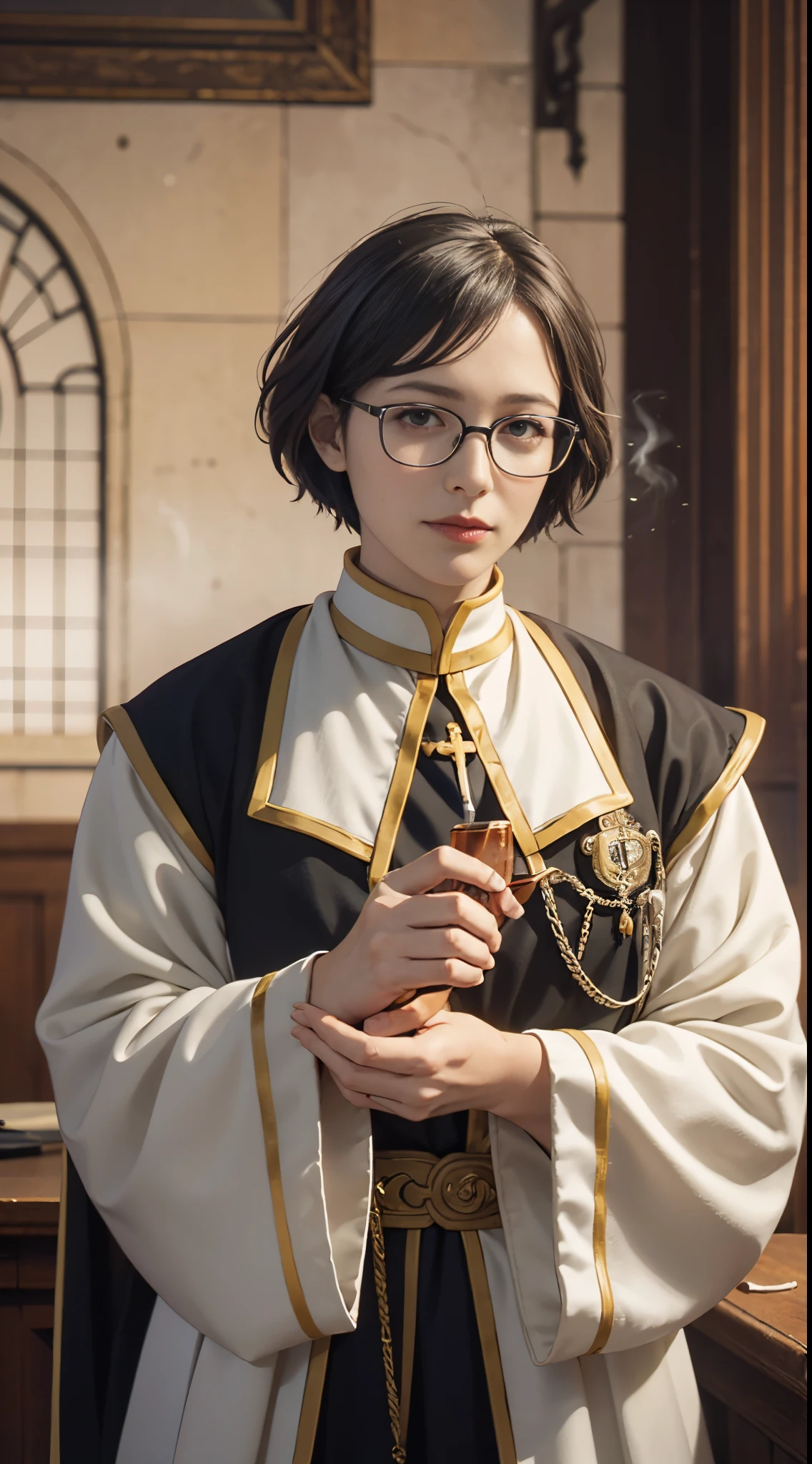 8k, best quality, highres, realistic, real person, A clergy character with glasses and short hair, who, despite being a cleric, enjoys a drink and a cigarette. The cleric's attire is a blend of traditional and modern elements, reflecting their unconventional personality. The setting is a dimly lit, cozy space, suggesting a private retreat where the clergy can unwind. The character's demeanor is relaxed and a bit mischievous, adding an interesting contrast to their holy profession.