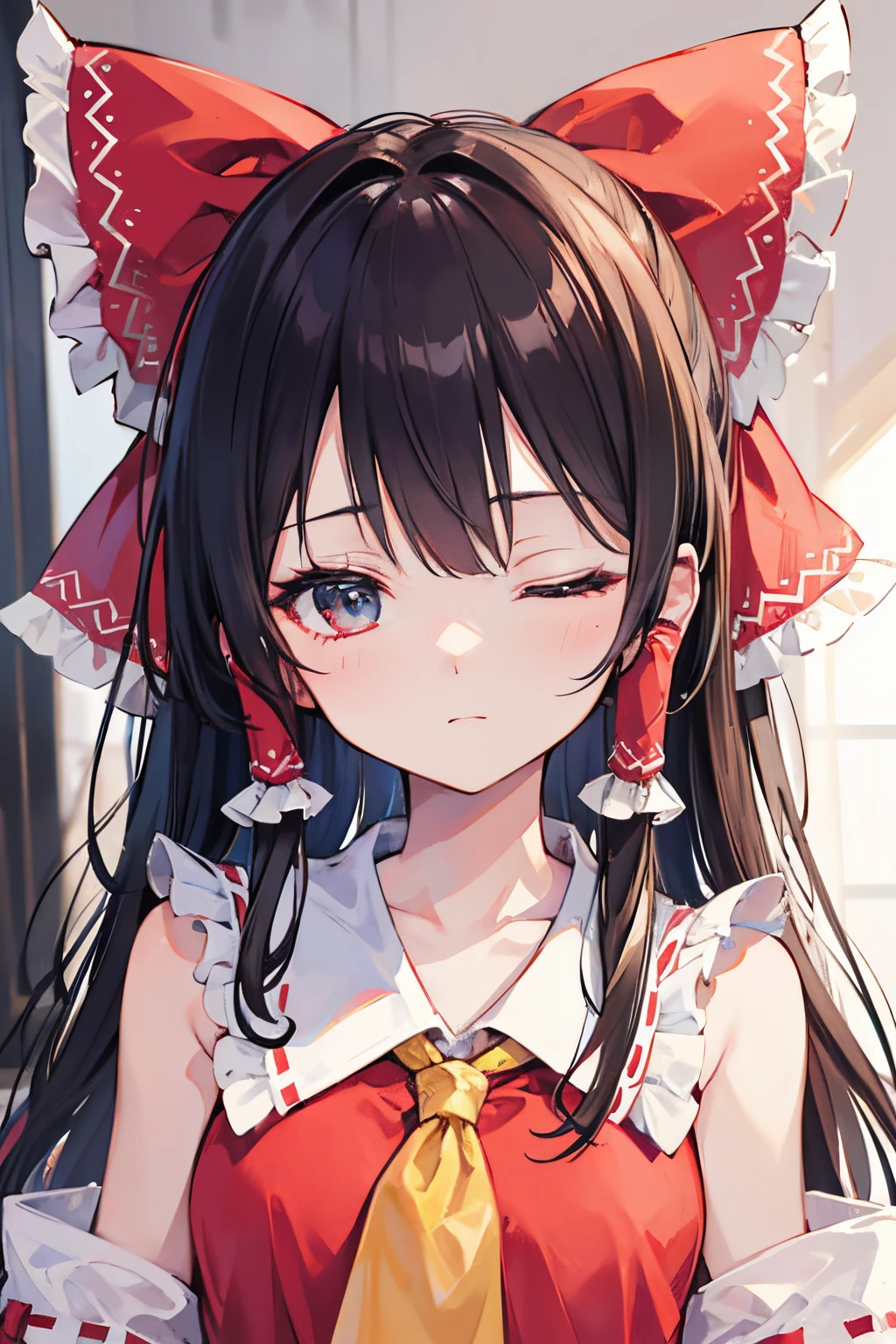 masterpiece, fine detail, 4k, 8k, 12k, solo, solo, beautiful girl, caucasian female, sideways, eyes closed Reimu Hakurei